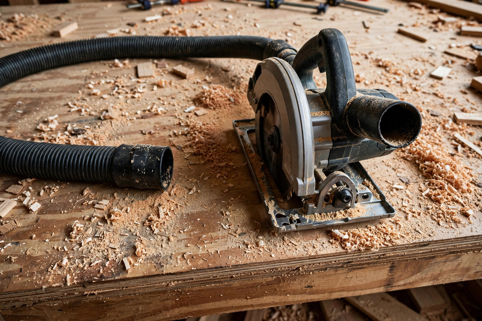 Sawdust and dust collection around a circular saw for beginners on a plywood work surface