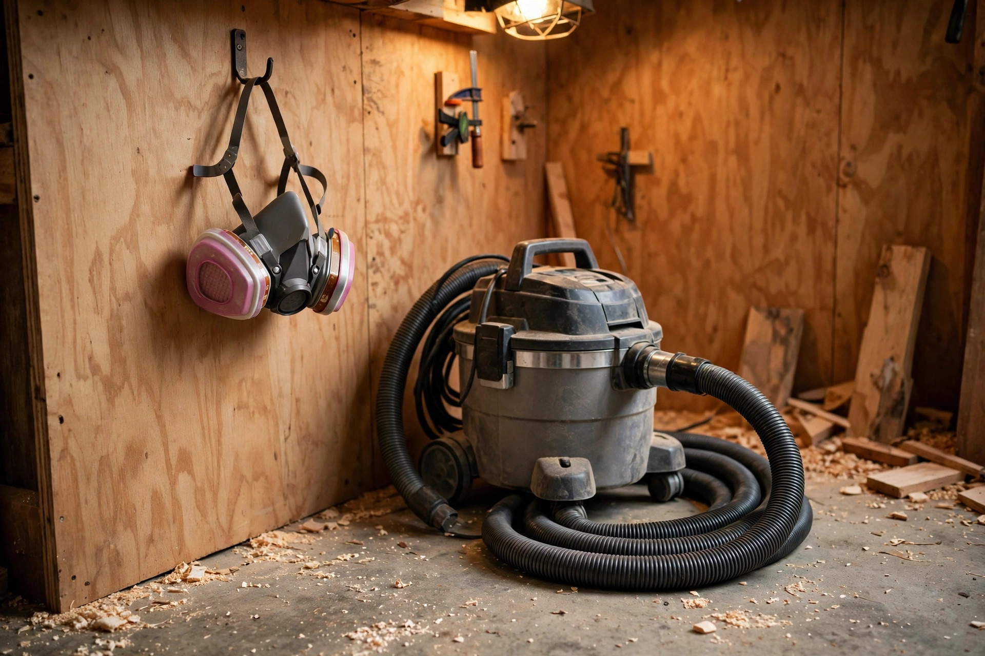 Woodworking safety tips for beginners showing a respirator mask with sawdust collection hoses and shop vacuum in a small workshop