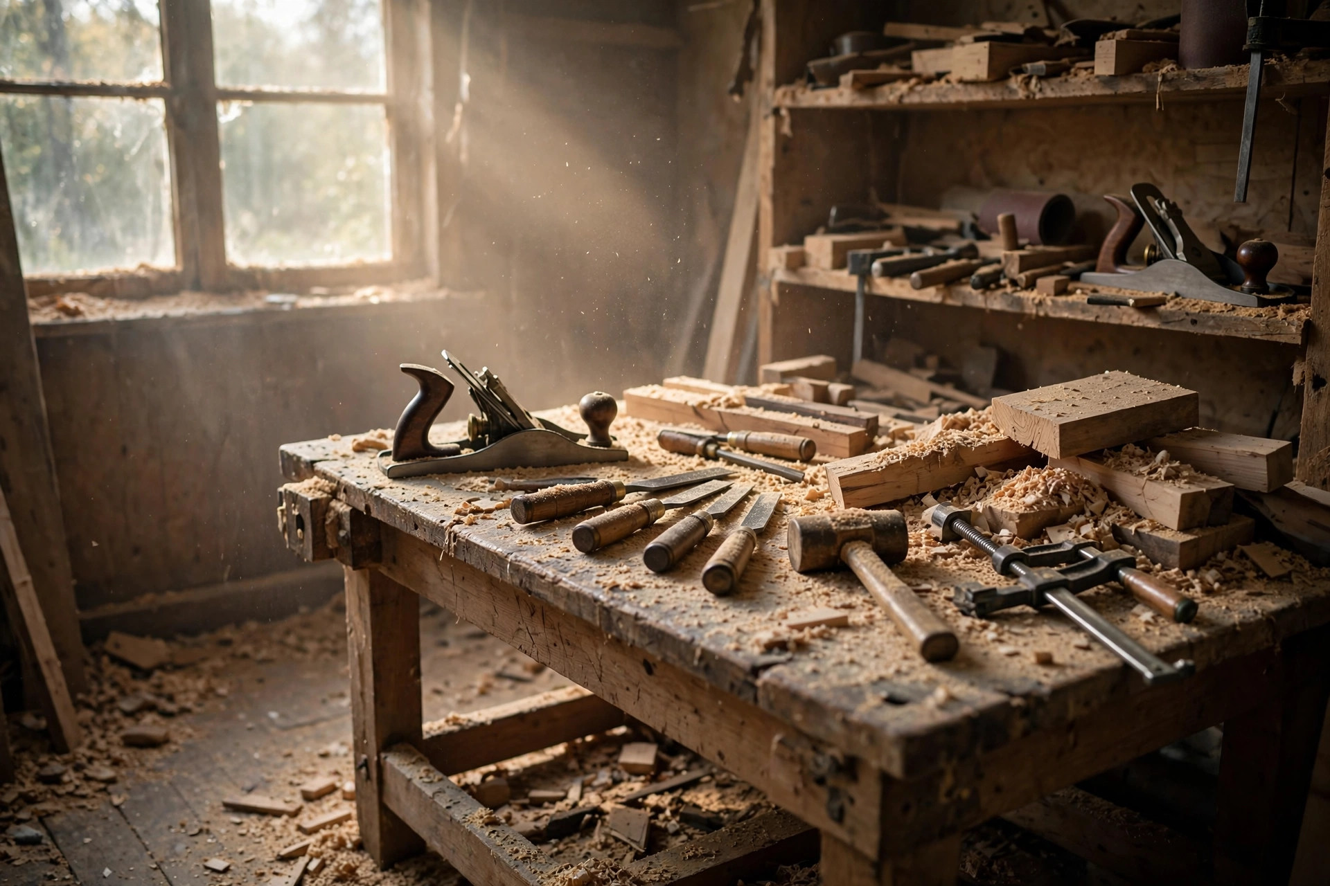 A dusty small woodworking shop showing fine sawdust settled over a workbench and tools, illustrating why dust collection for a small workshop matters