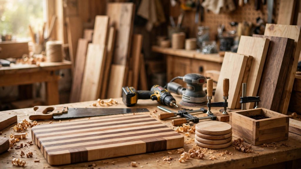 Easy woodworking projects for beginners that sell - handmade cutting board, floating shelves, wooden coasters and planter box on a workbench