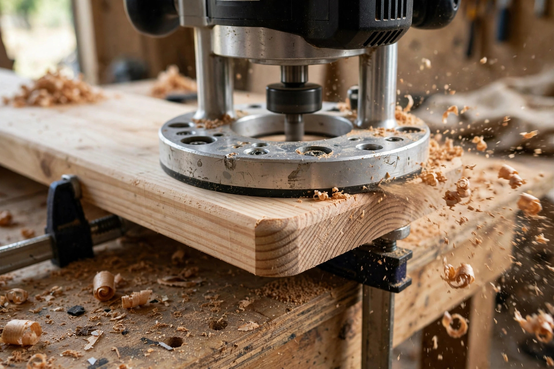 A router base gliding along a board edge cutting a smooth profile, demonstrating how to use a router for beginners in woodworking