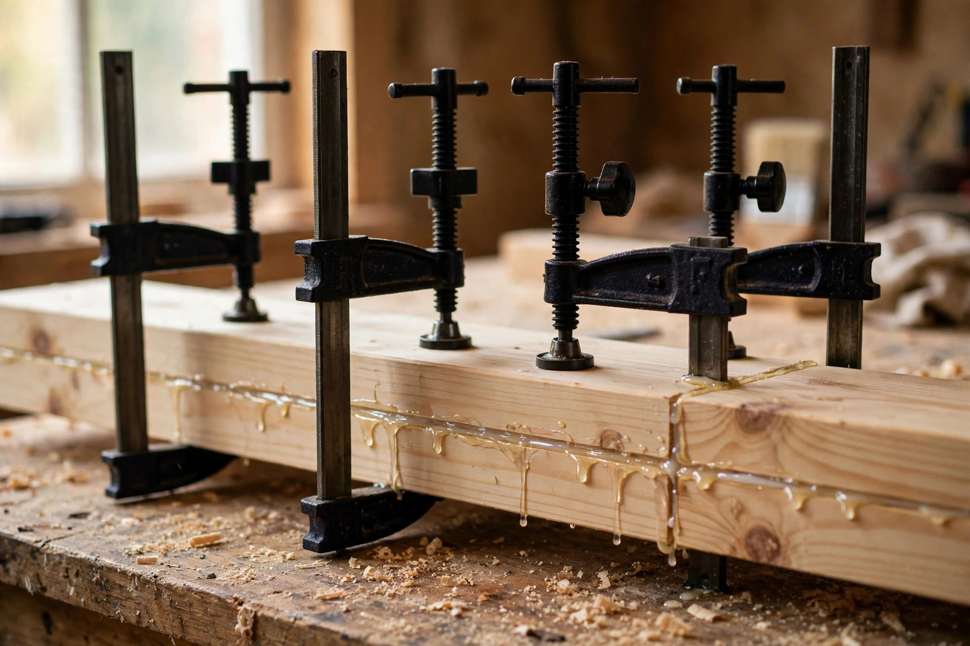 F-clamps holding a glued tabletop together during a glue-up, the best clamps for woodworking beginners doing panels