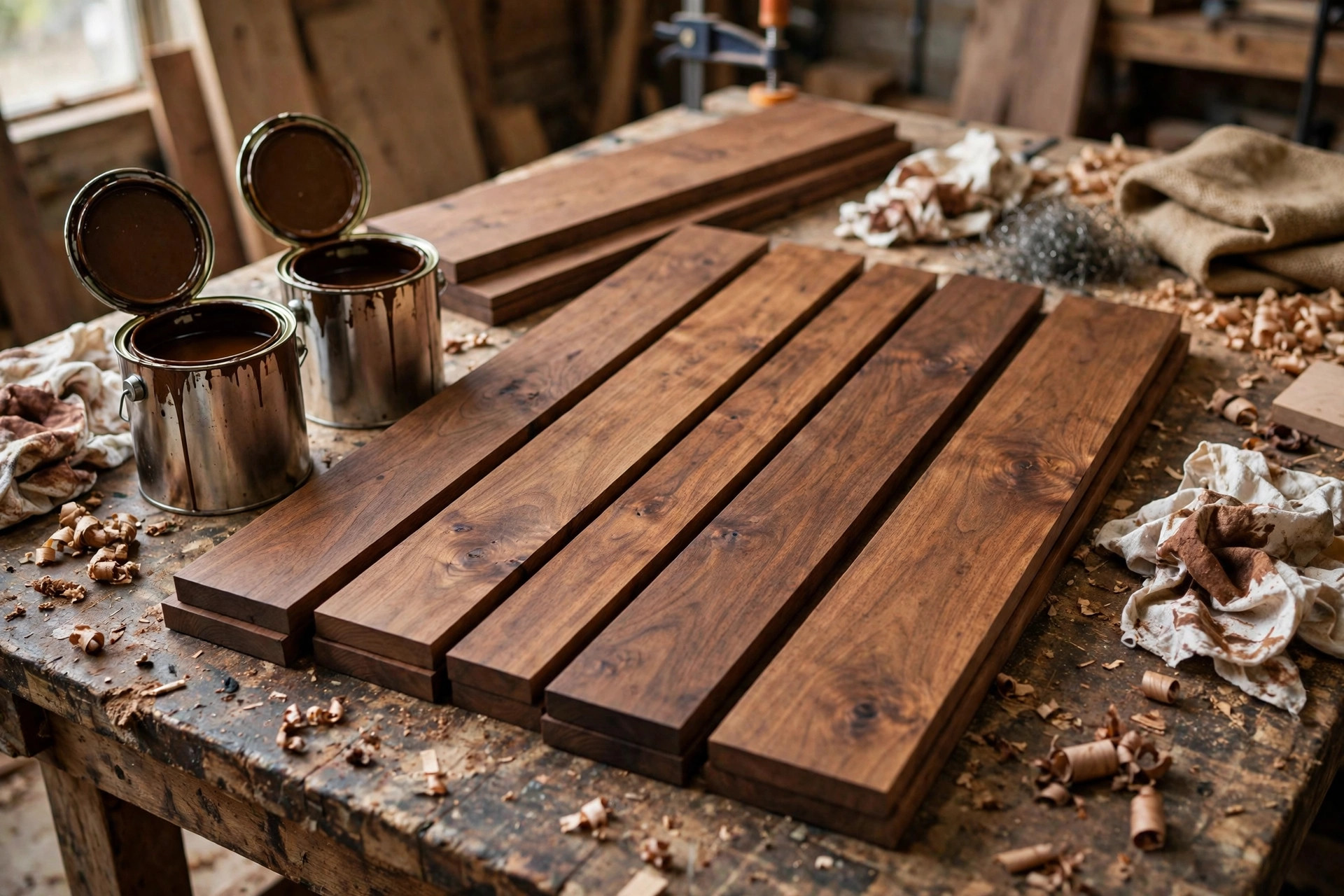 Stained walnut boards on a workbench with stain cans, showing the best wood stain for beginners woodworking in warm, even tones