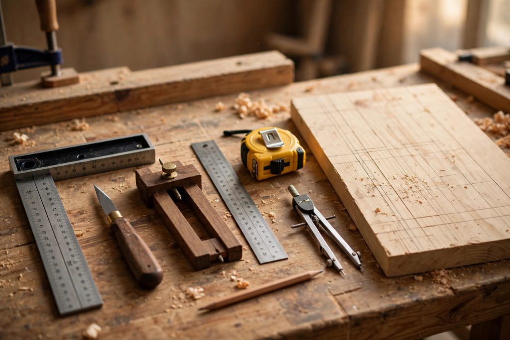 Woodworking marking tools for beginners arranged on a workbench, including a marking knife, marking gauge, and combination square