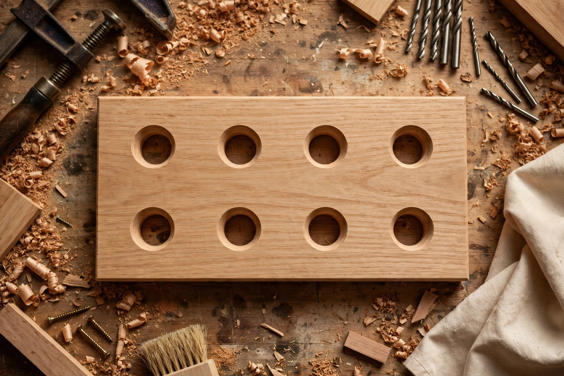 A finished wooden shelf piece with clean drilled holes made with the best drill for woodworking beginners displayed on a bench