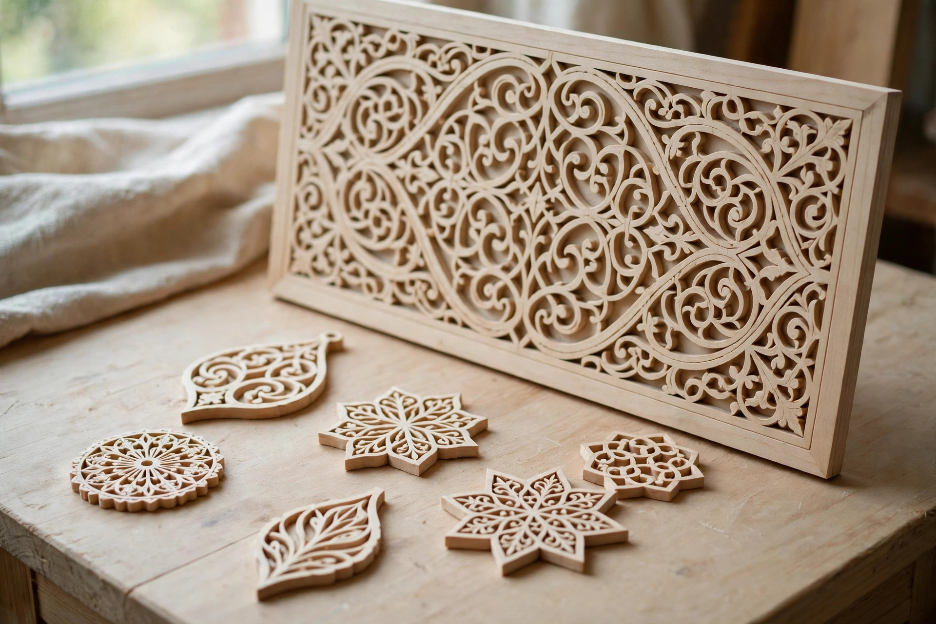 Finished wooden fretwork ornaments and a decorative wooden wall panel with intricate curved cut-out patterns on a wooden table, beginner fretwork results