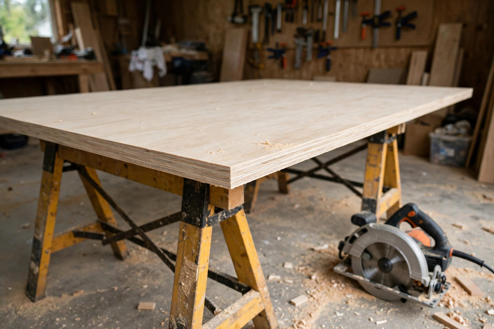 A clean finished plywood cut made with a circular saw for beginners resting on sawhorses