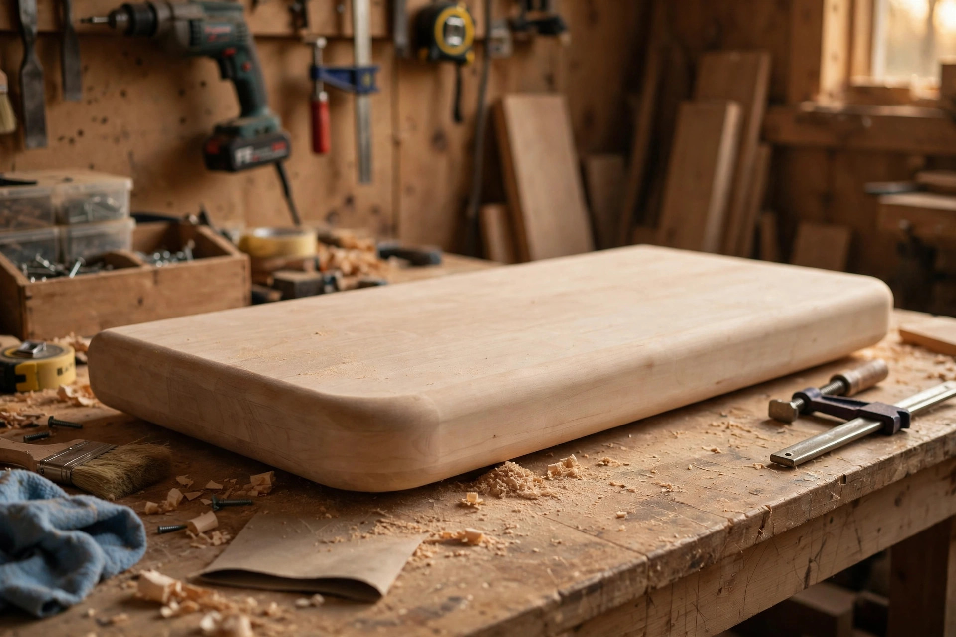 A finished wooden shelf with a smooth profiled edge, the result of learning how to use a router for beginners in woodworking