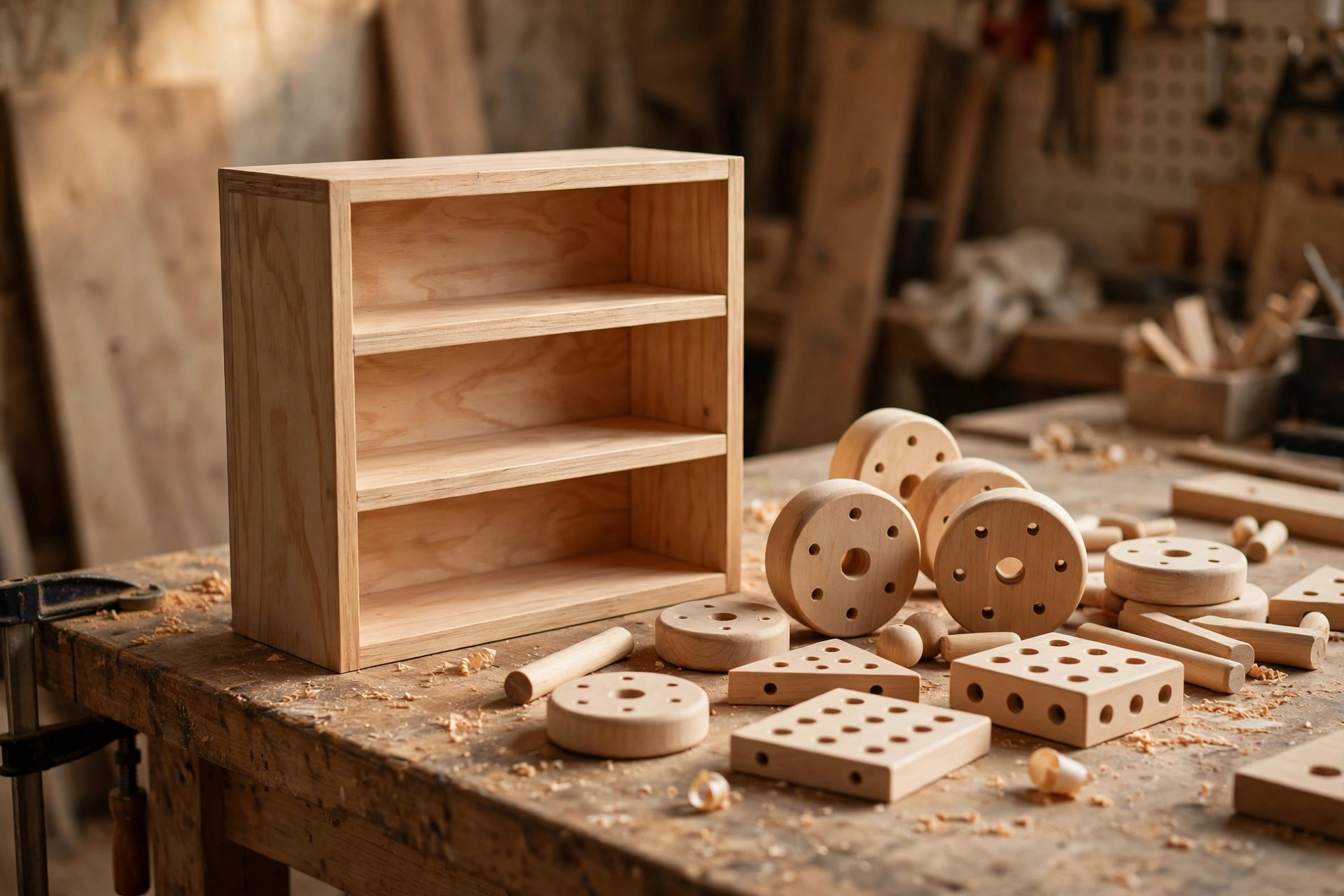 A finished small wooden shelf and wooden toy parts with clean precisely drilled holes resting on a workbench