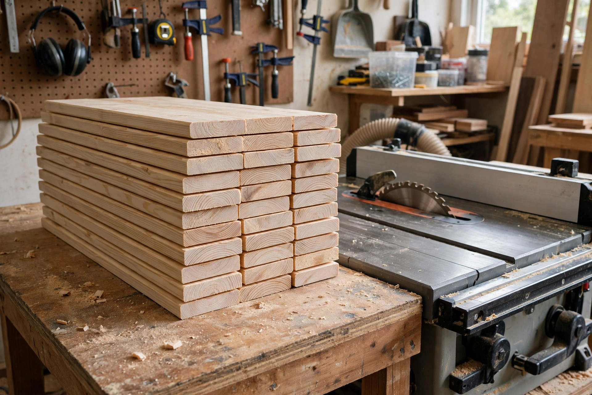 Neatly stacked pine boards ripped to identical widths on a workbench next to a table saw, no people