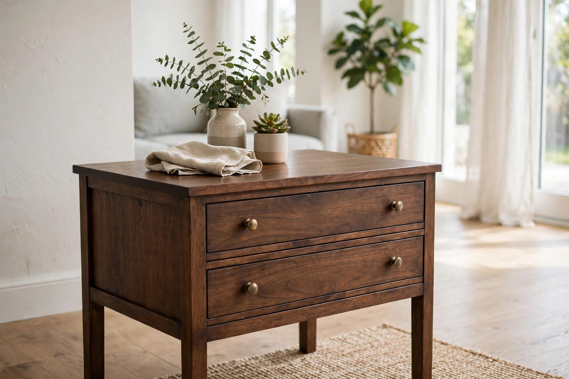 A finished stained wooden side table in a bright room, the reward of choosing the best wood stain for beginners woodworking well