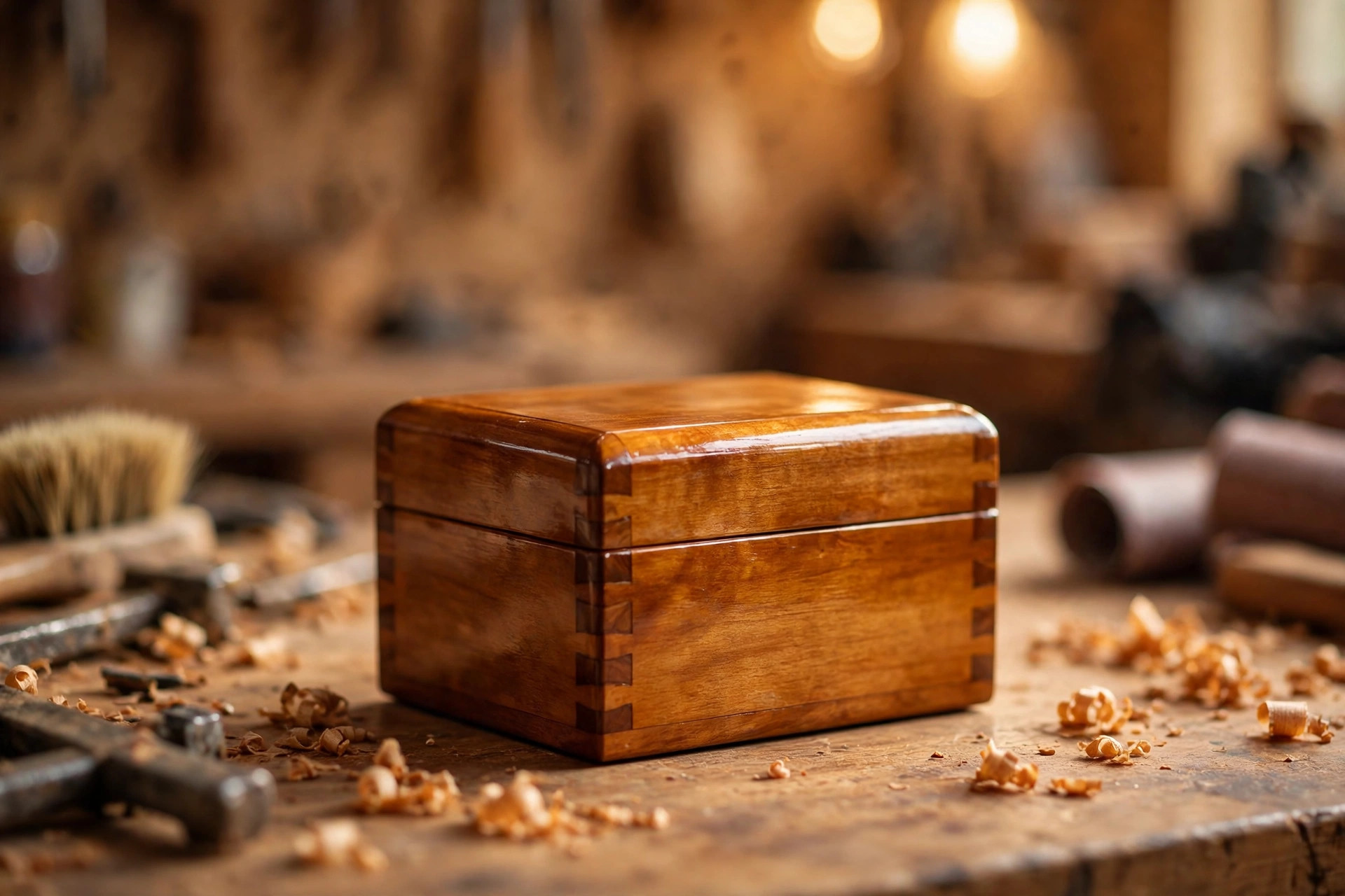 How to sand and finish wood for beginners: beautifully finished wooden project glowing in workshop light