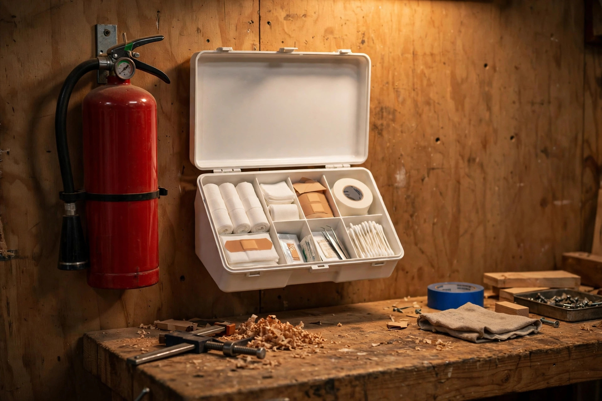 Woodworking safety tips for beginners showing a first aid kit and fire extinguisher mounted on a workshop wall near a workbench