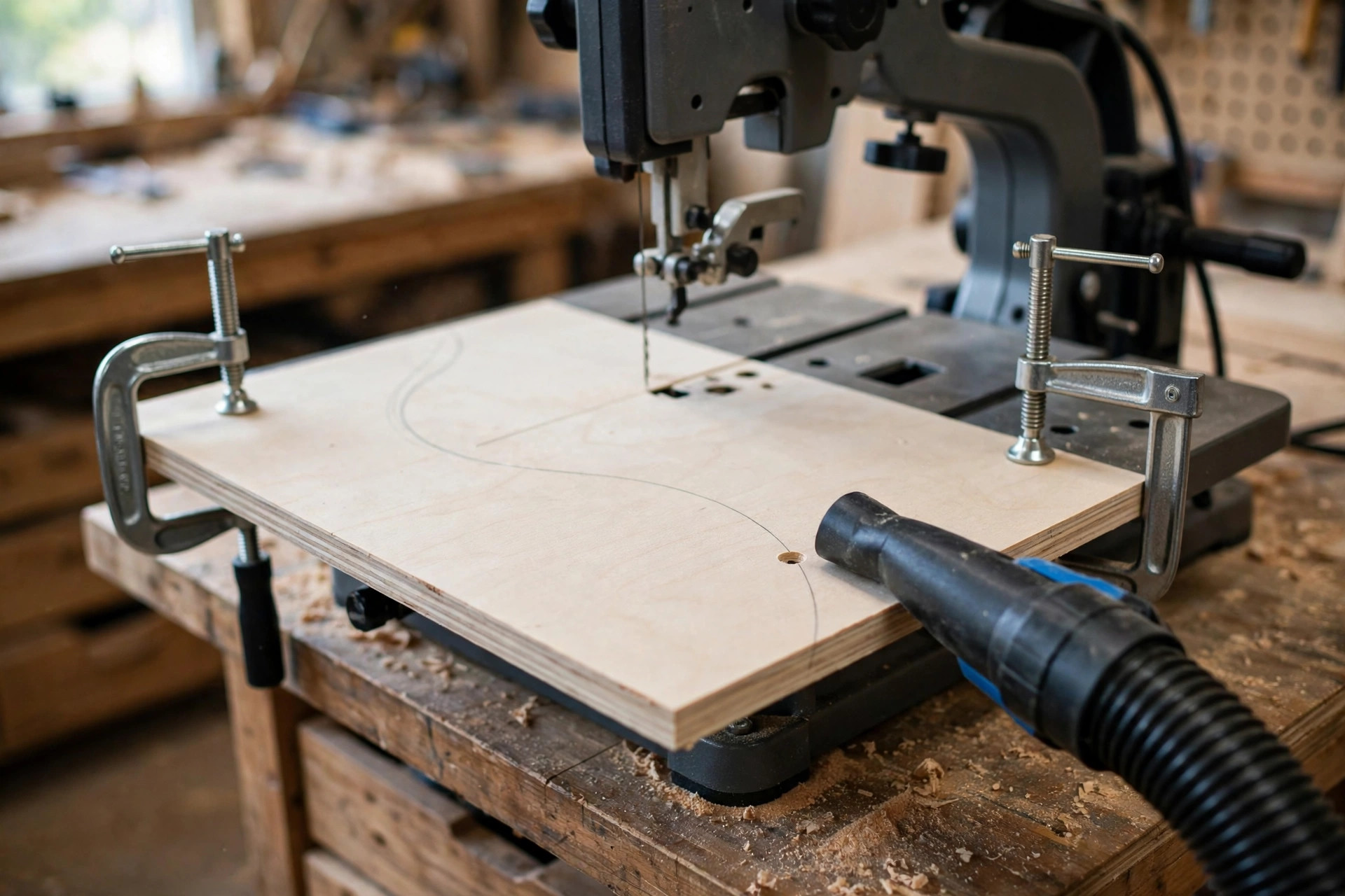 A scroll saw table with a thin plywood board showing a simple curved pattern line and a small drilled starter hole, first fretwork cut setup for beginners