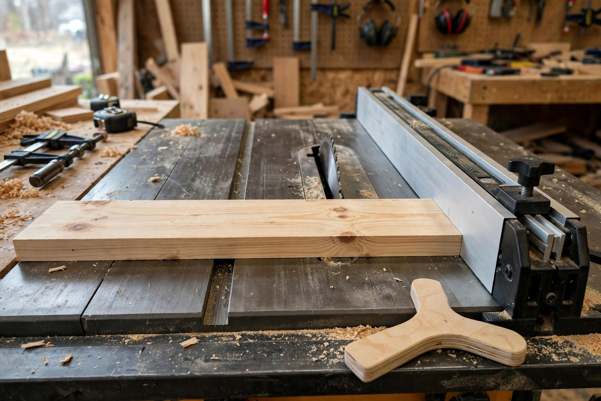 A pine board set against the table saw rip fence with a push stick beside it ready for the first rip, no people