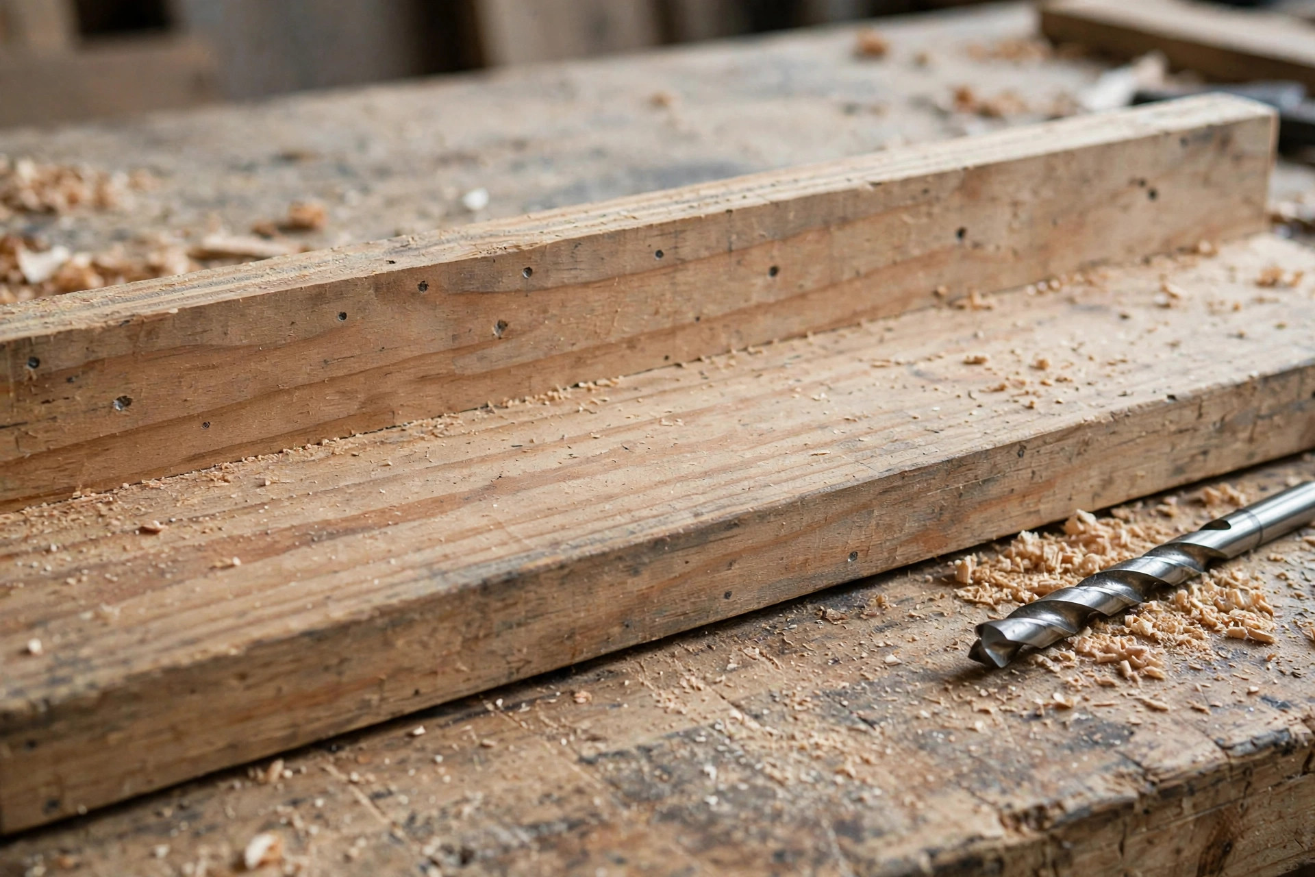 A wooden shelf board with marked drill points and a drill bit for drilling hidden bracket rod holes for floating shelves