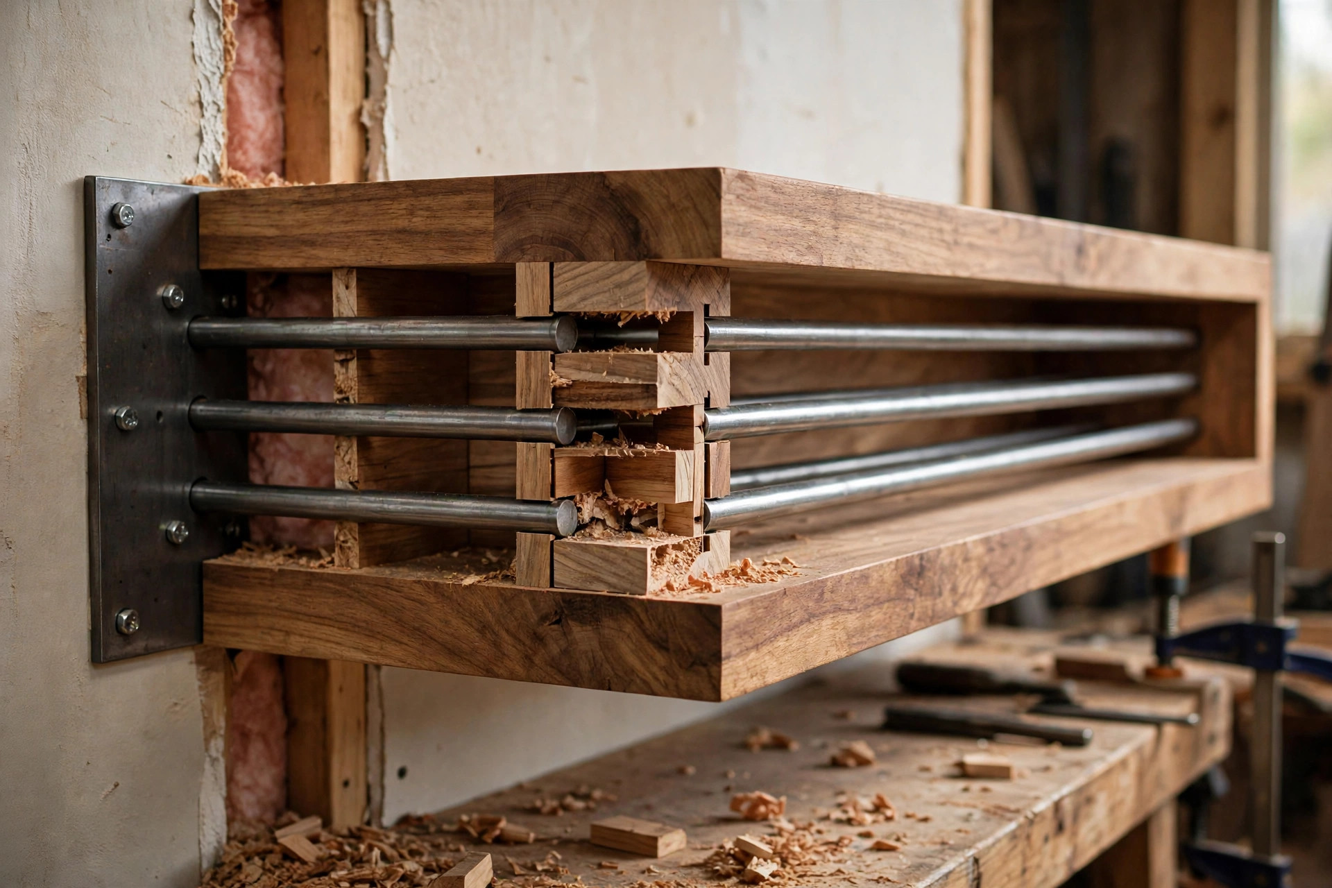 Cutaway view showing how hidden steel rods inside the shelf support a floating shelf built for beginners