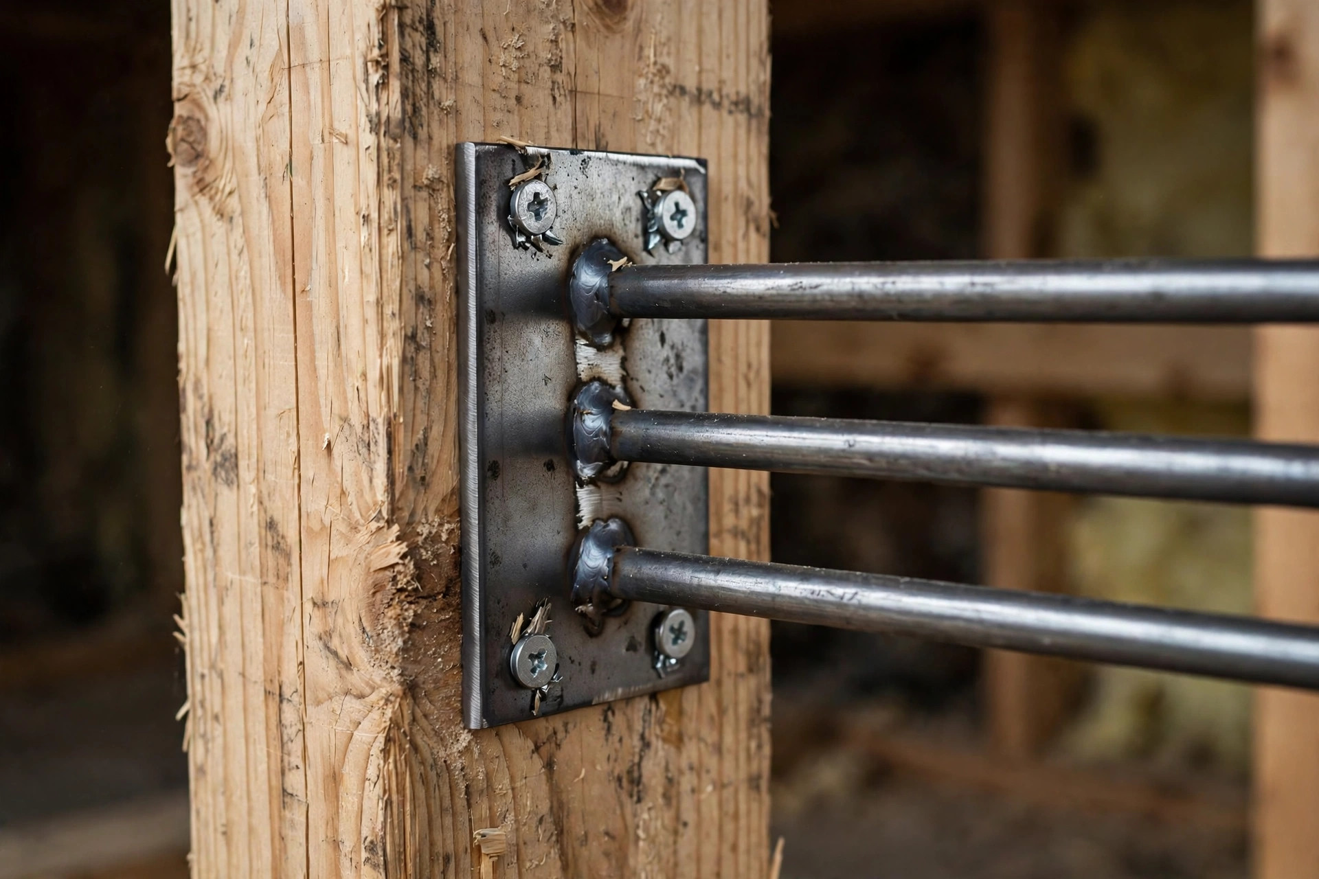 Close-up of a hidden rod floating shelf bracket screwed into a wall stud for beginner floating shelves