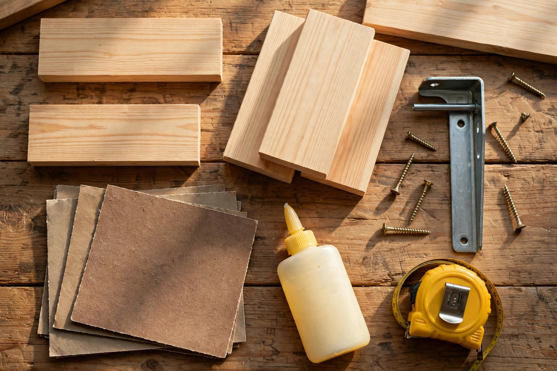 Wooden shelf boards and hidden rod bracket hardware laid out as materials for building floating shelves for beginners