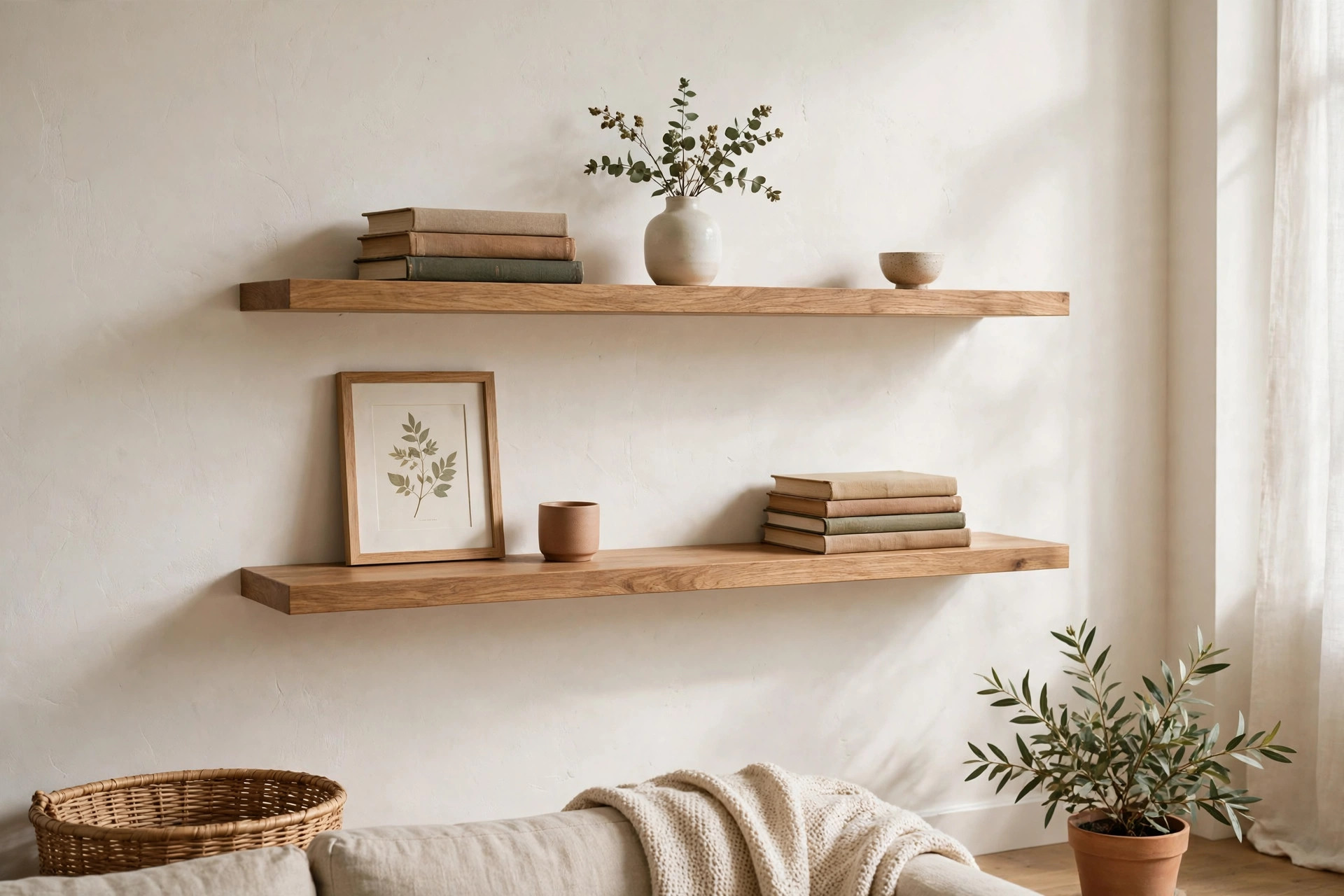 Finished floating shelves styled with books and decor on a living room wall built by a beginner woodworker