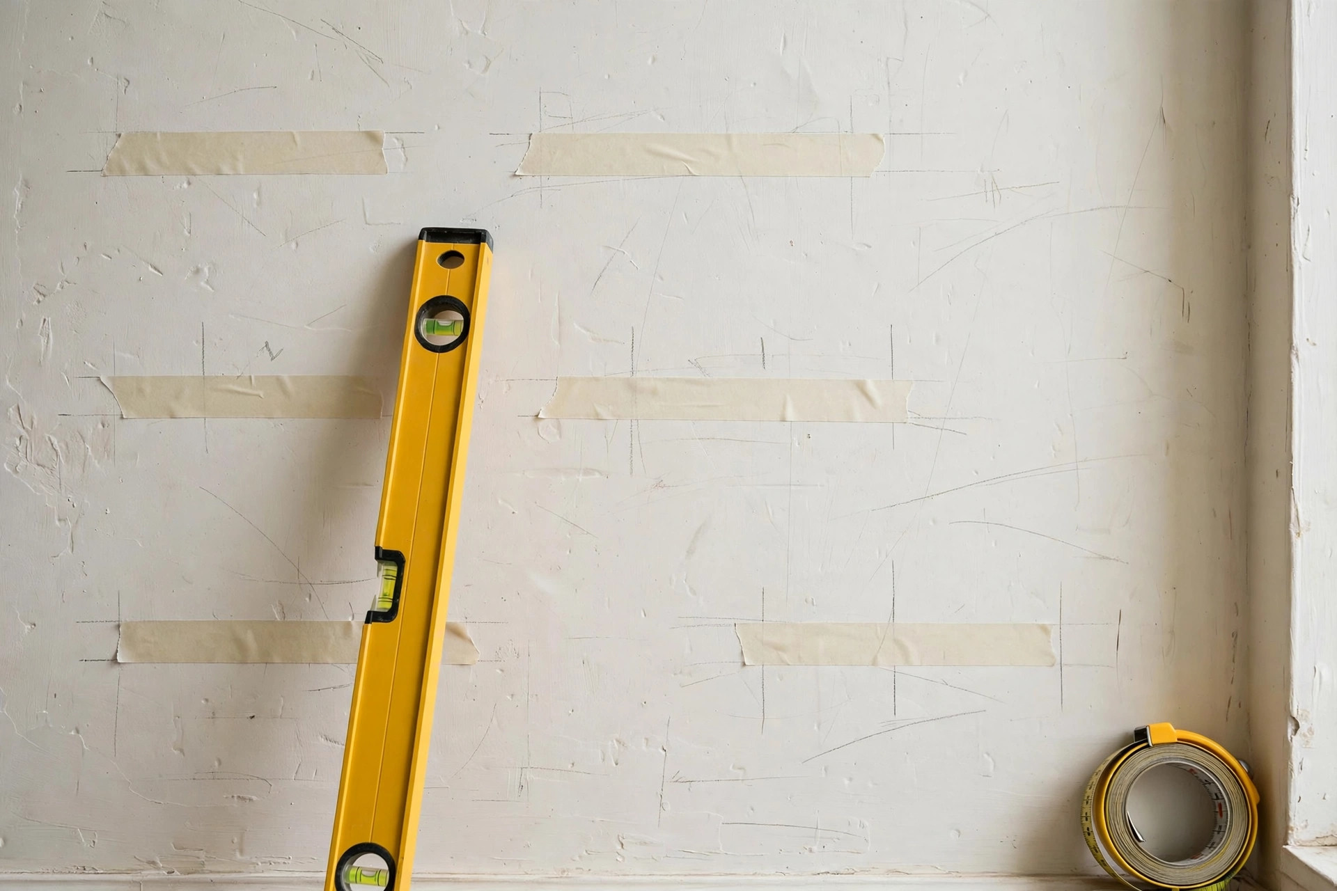 A level, tape measure, and pencil layout marks on a wall for planning floating shelf placement for beginners