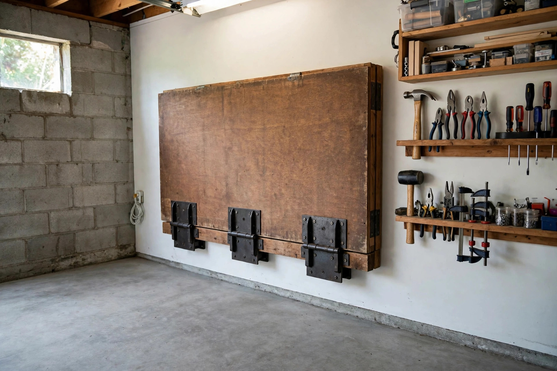 A fold-down wall-mounted workbench in a small garage workshop, folded up flat against the wall with a clean floor below