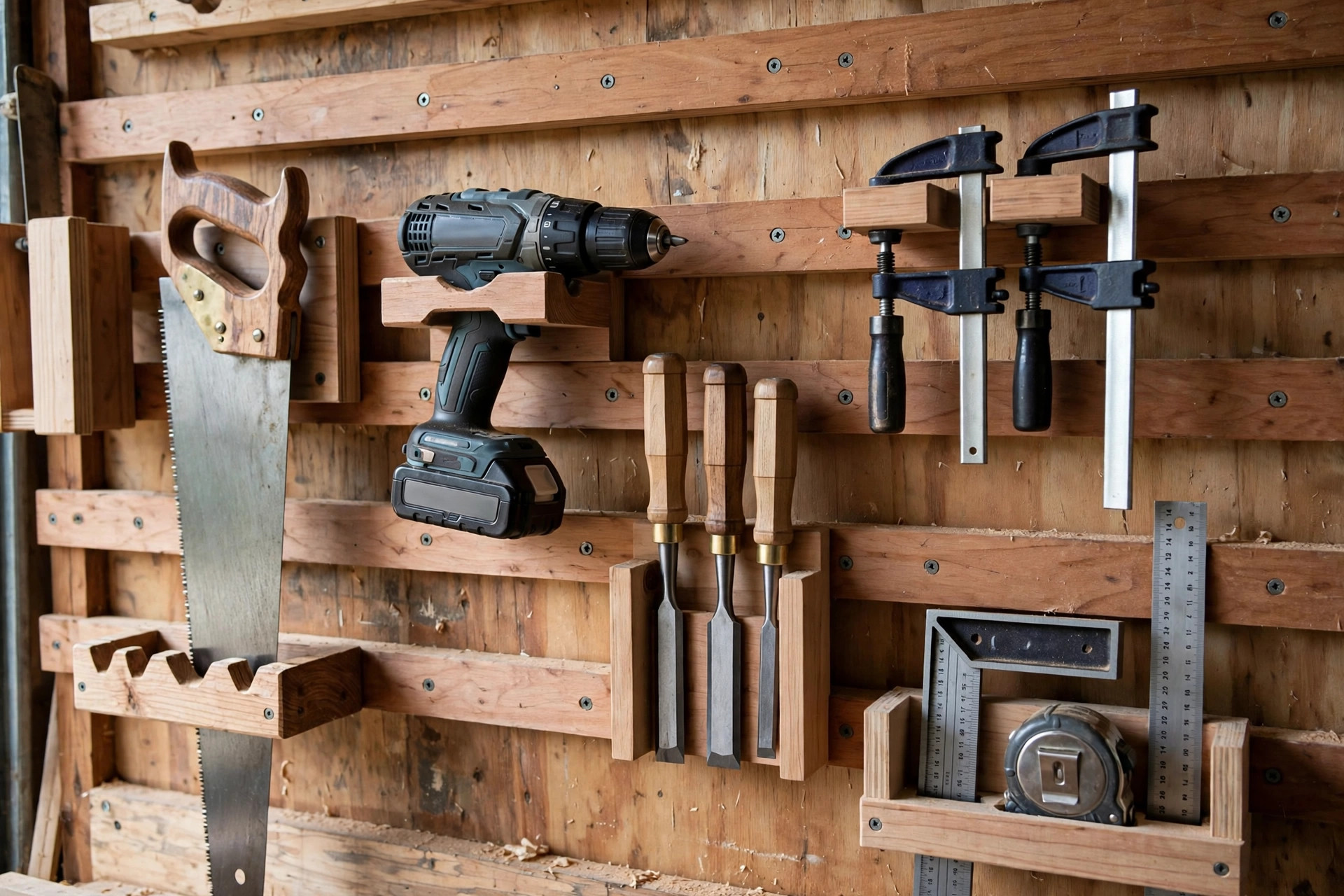 A French cleat tool wall in a woodworking garage workshop with custom wooden holders for saws, drills, clamps, and hand tools