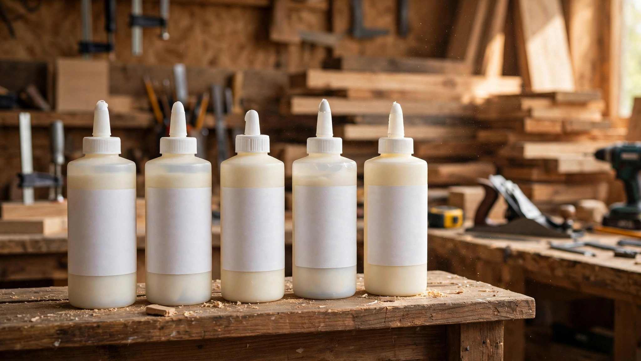 Wood glue bottles stored upright on a wooden workshop shelf with caps closed for long shelf life