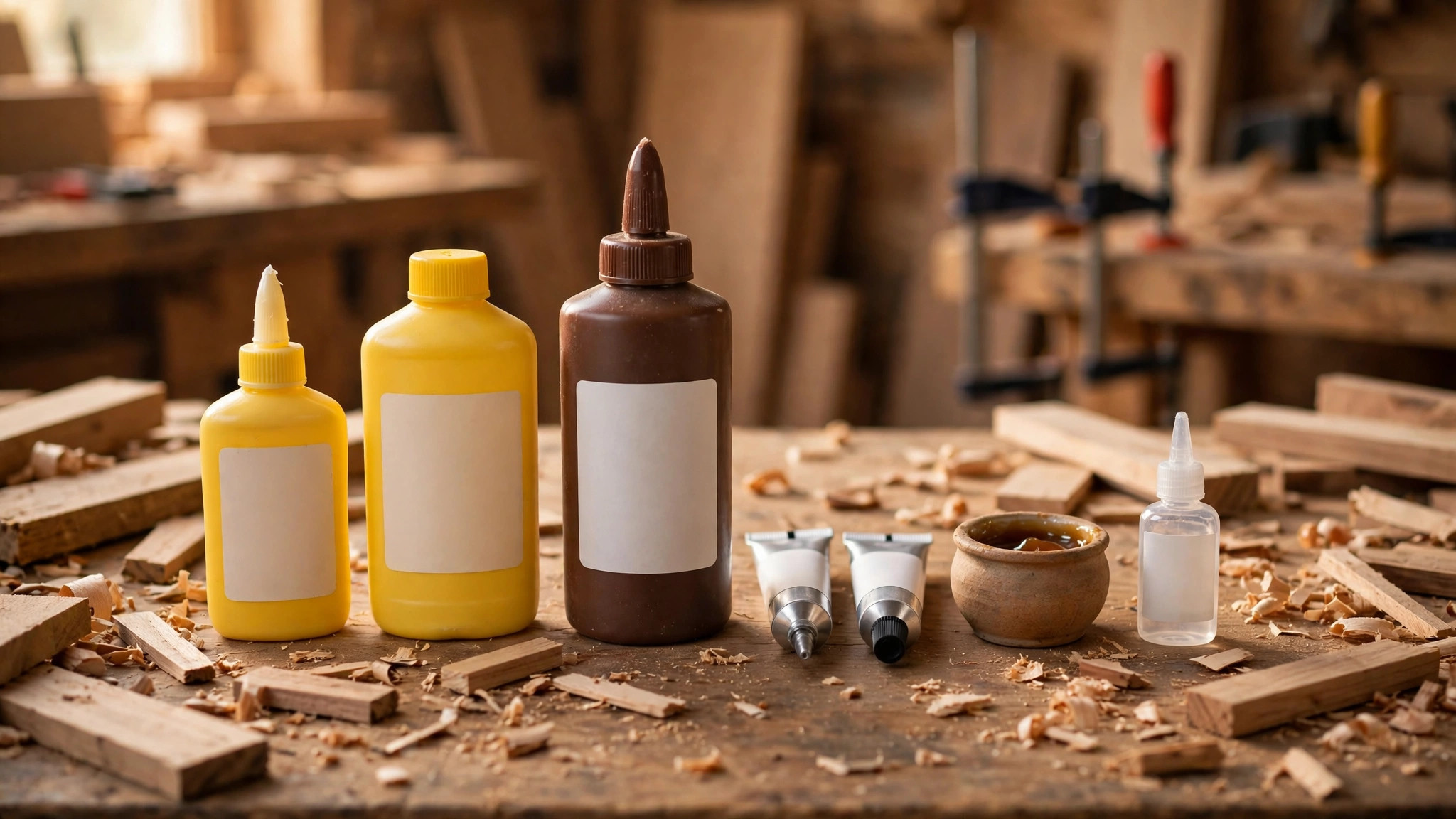 Different types of woodworking glue on a workbench including PVA polyurethane and epoxy for beginners choosing the best wood glue