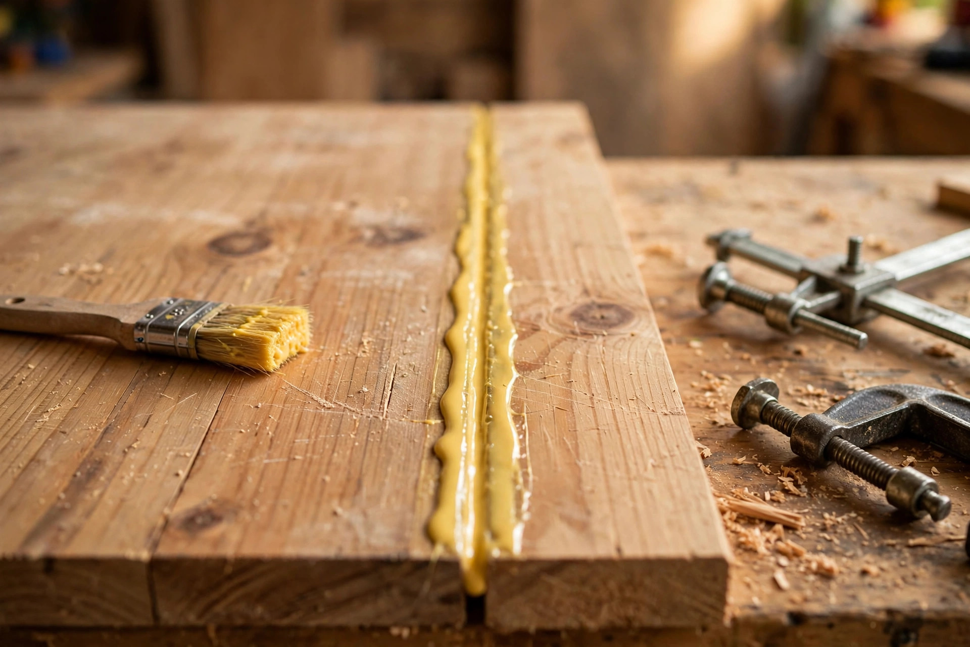A glue brush spreading a thin even layer of wood glue on a wooden board joint during a glue-up