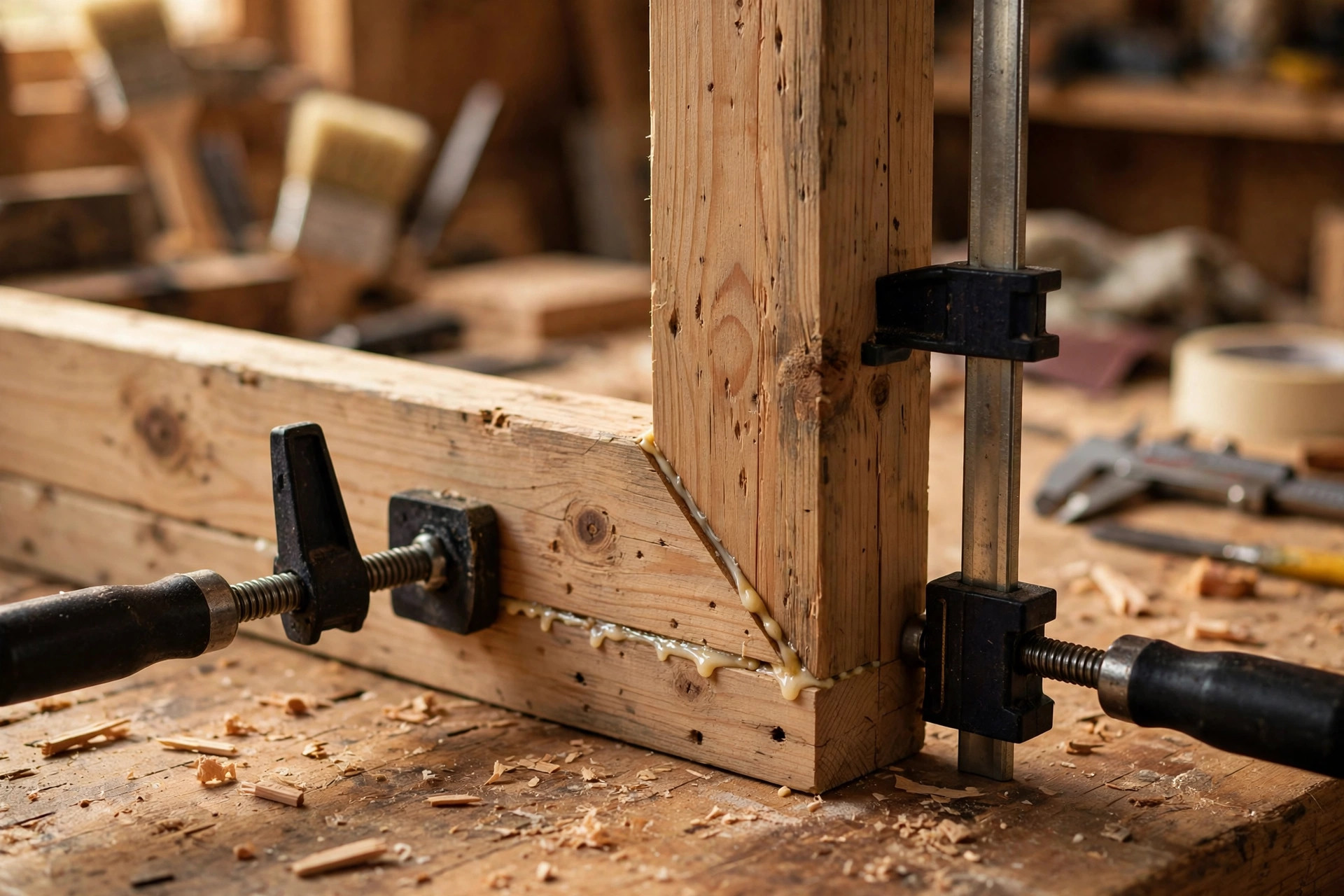 Clamps holding a glued wood joint on a workbench during curing, relevant to pocket hole joint vs dowel joint strength