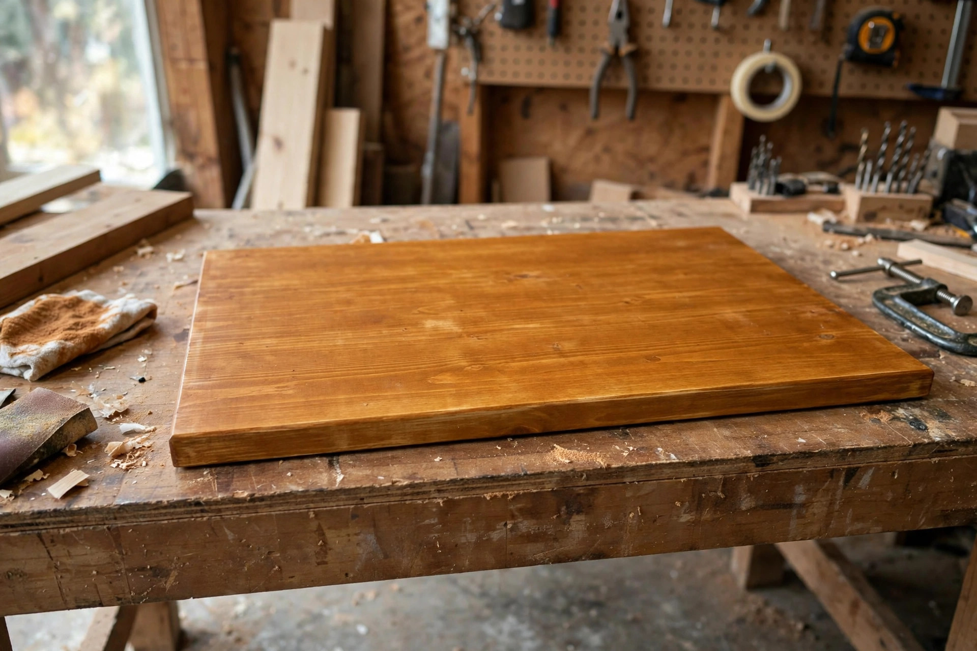 A beginner's first stained pine shelf board with an even warm colour, an example of the best wood stain for beginners woodworking done right