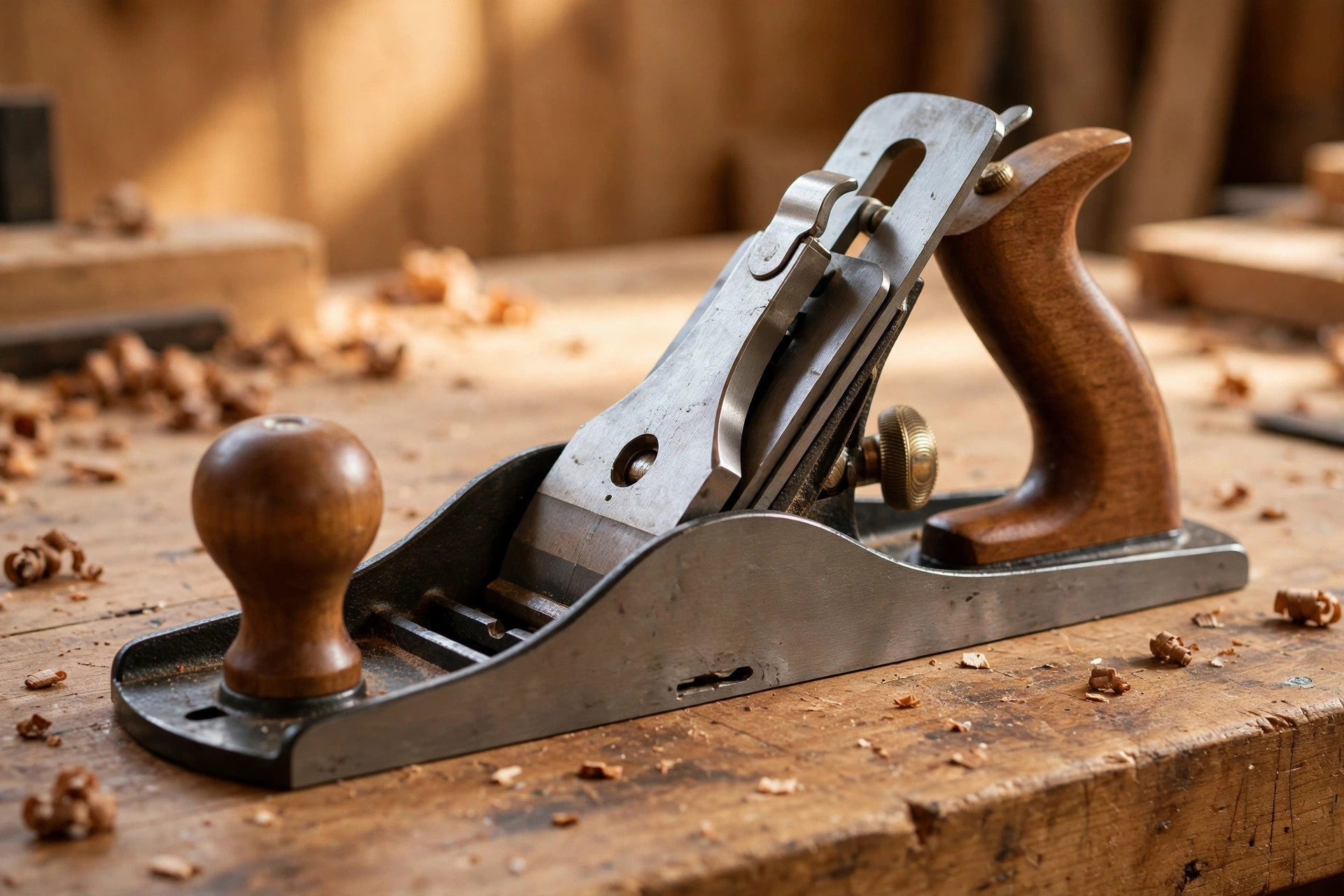 Labeled hand plane anatomy for beginners showing the iron, chipbreaker, frog, mouth, sole, and adjustment knobs