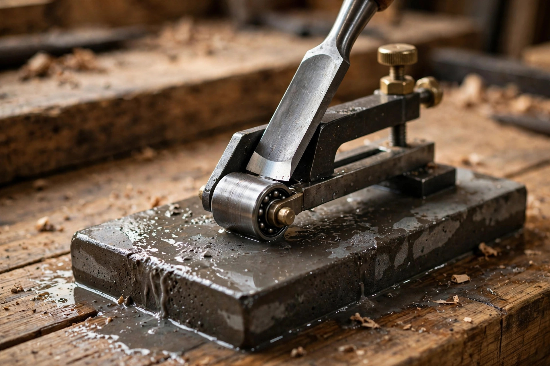 Chisel clamped in a honing guide set at 25 degrees for beginners learning how to sharpen chisels