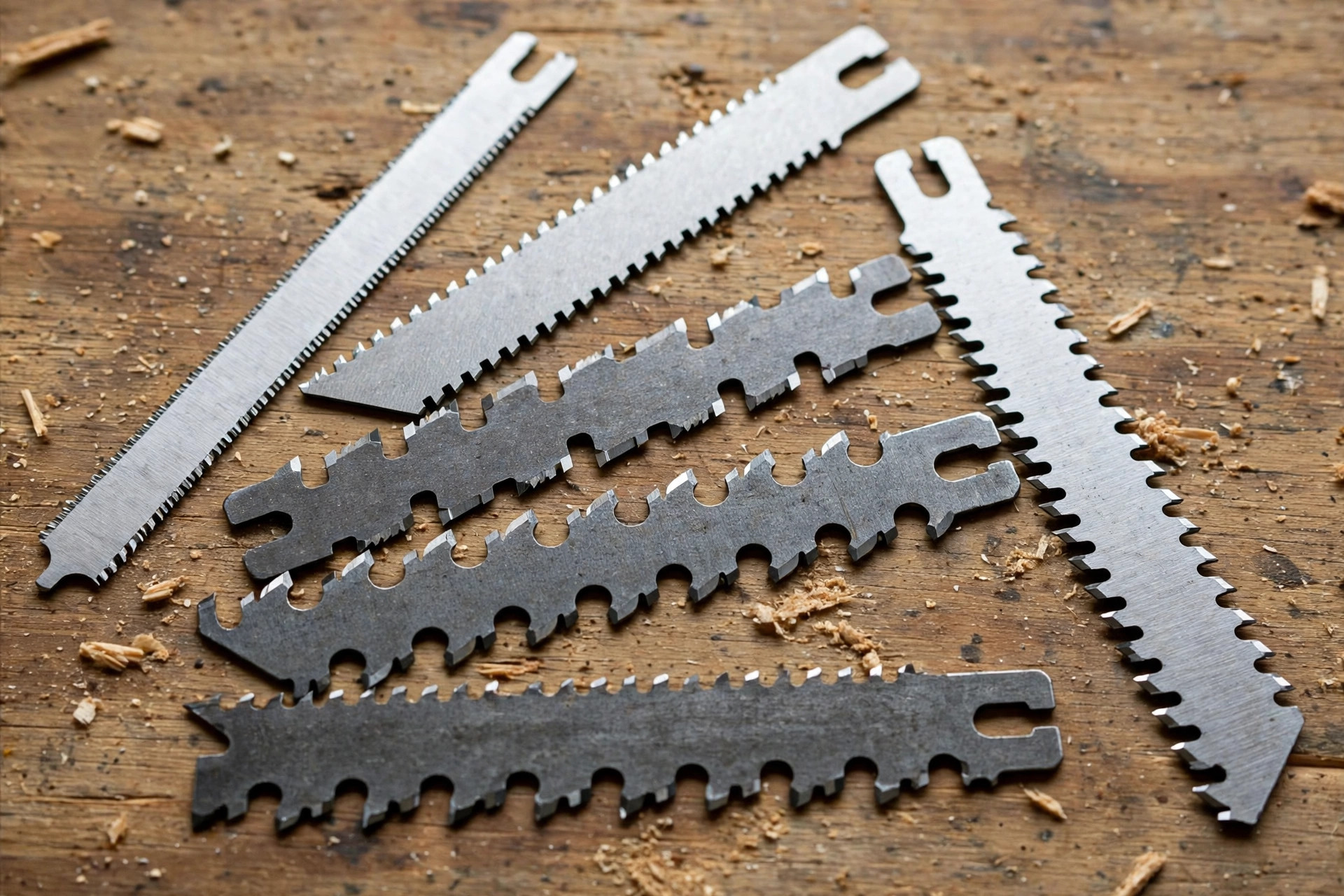Close-up of assorted jigsaw blades for the best jigsaw for beginners woodworking, showing different tooth sizes