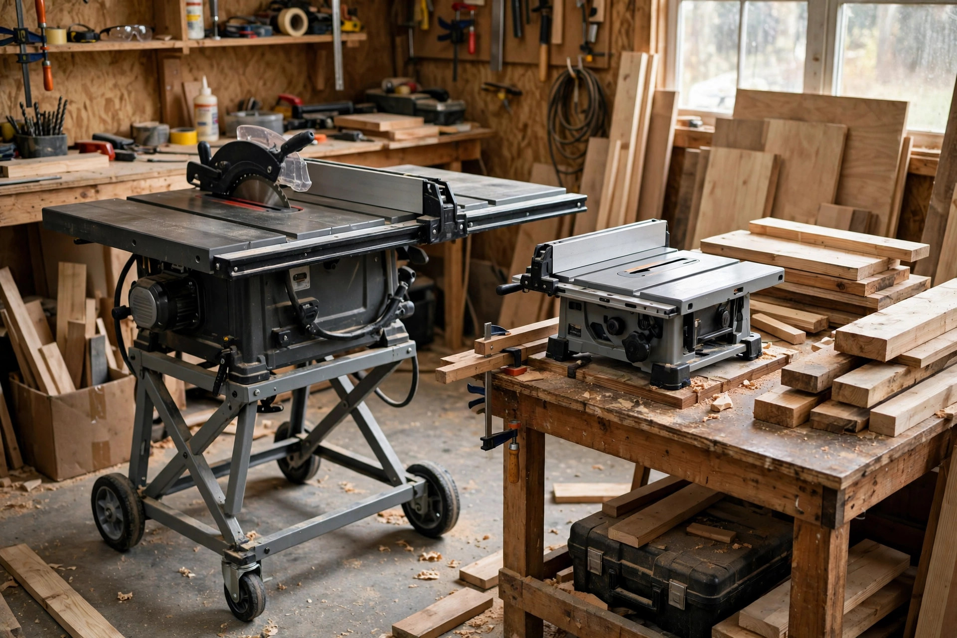 A jobsite table saw on a folding stand beside a compact benchtop table saw in a small workshop, no people