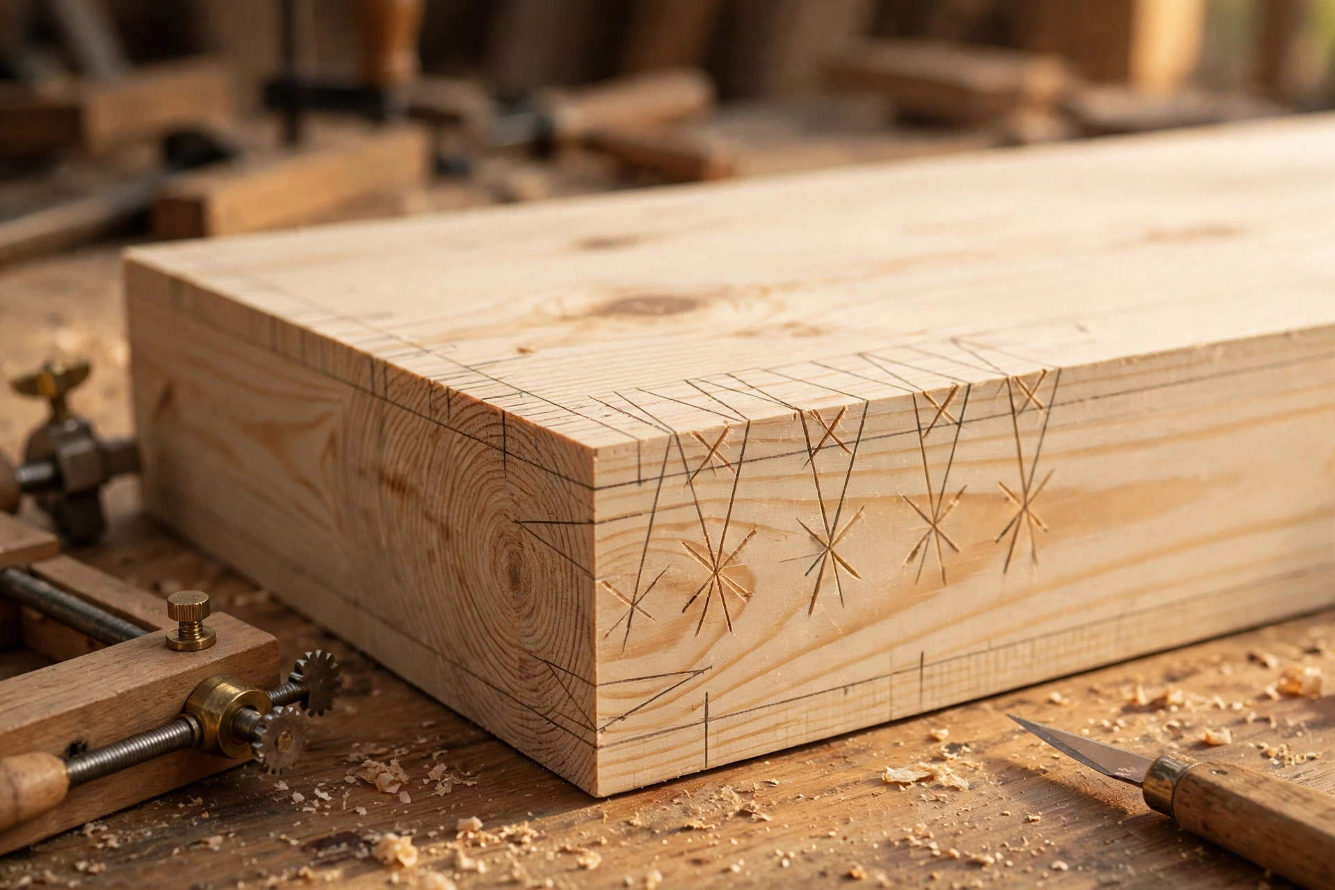 Close-up of joinery layout marks on a pine board: fine knife lines, X marks, and angled scribed lines for dovetail pins