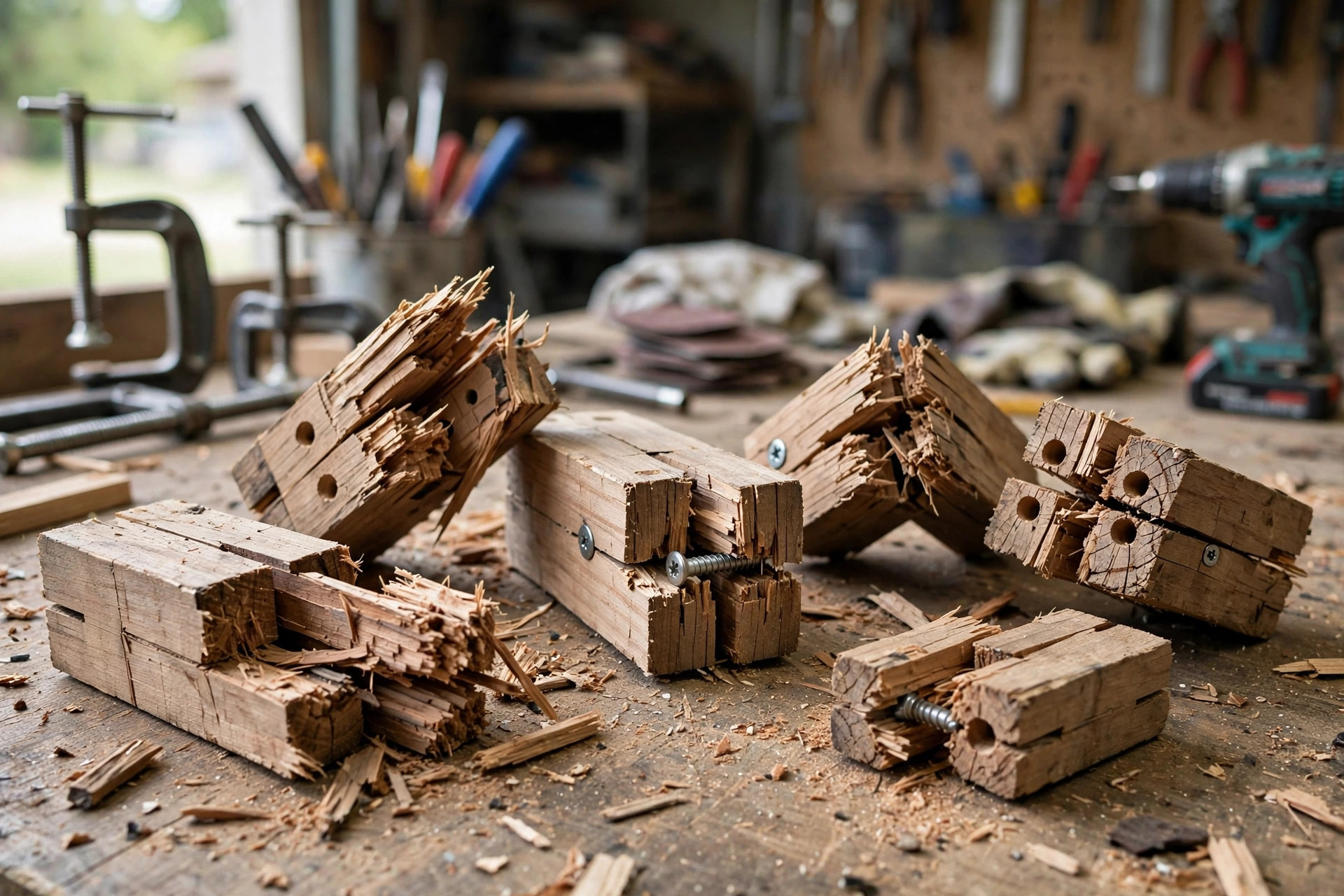 Broken wood joint test samples showing pocket hole and dowel joint failure points from strength testing