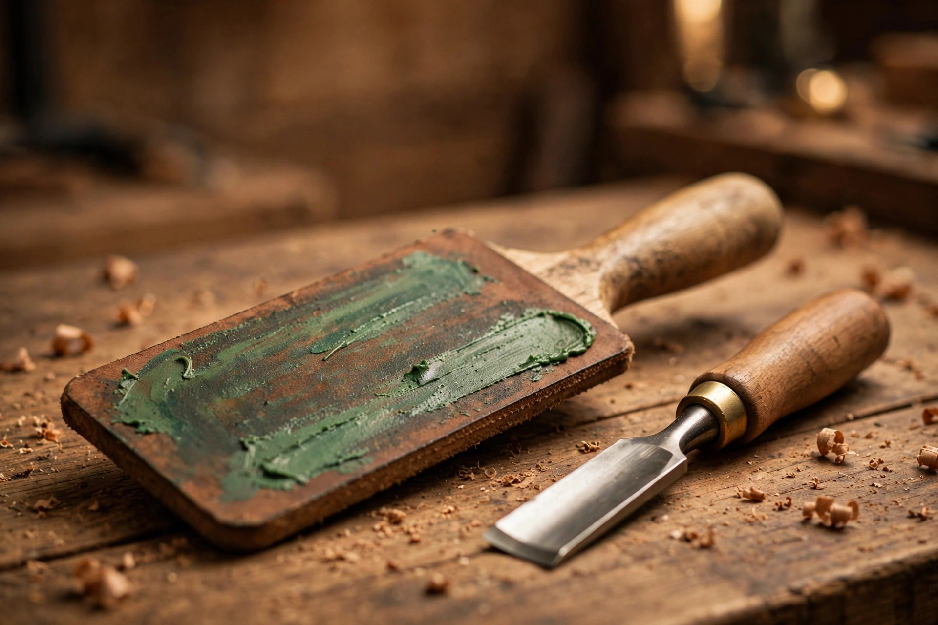 Leather strop with green honing compound beside a chisel for beginners learning how to sharpen chisels