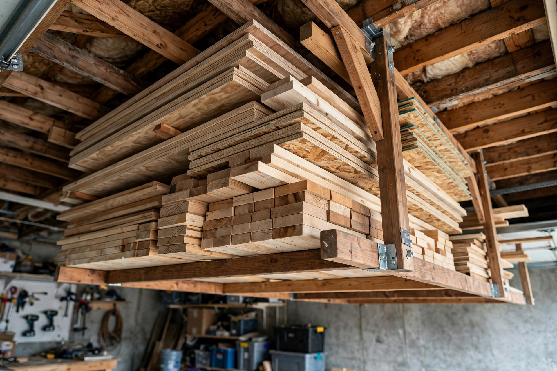 A ceiling-mounted lumber storage rack holding boards and sheet goods above the garage door in a small workshop