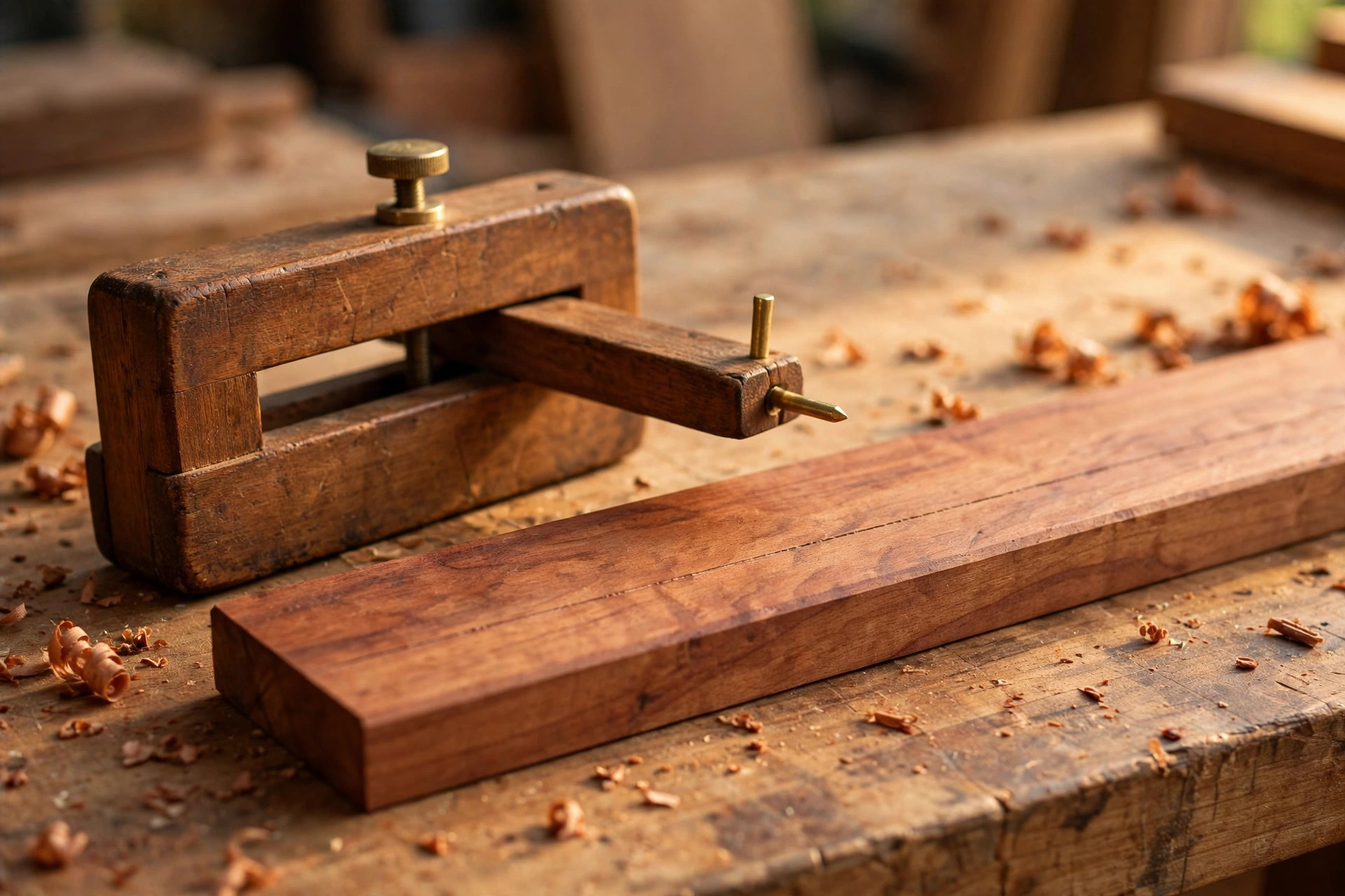 A wooden marking gauge with brass pin beside a cherry board showing a fine parallel scribed layout line