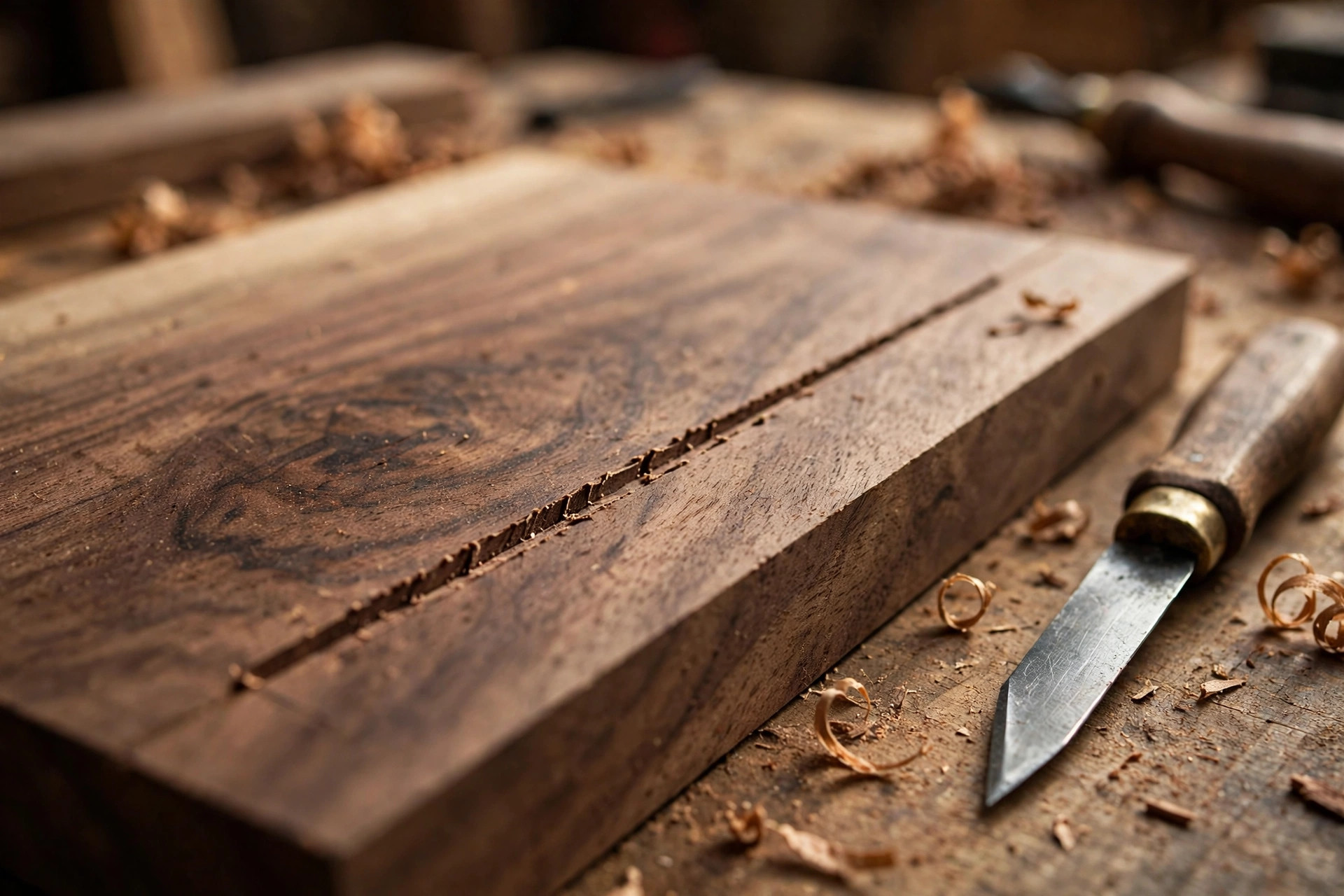 A crisp knife-scribed layout line cut into a walnut board with a marking knife resting beside it