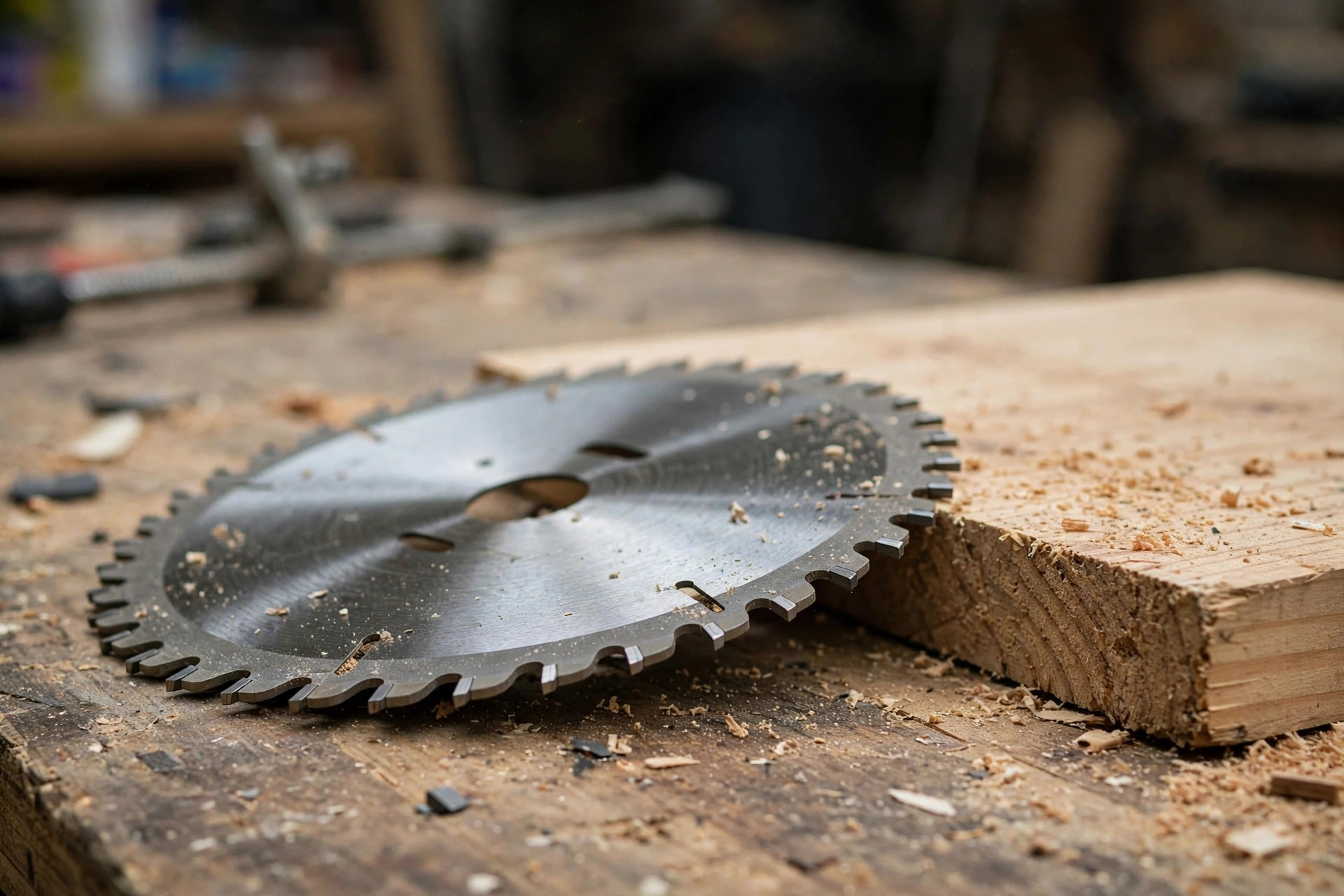 A close-up of a miter saw blade with fine carbide teeth beside a wooden board on a workbench