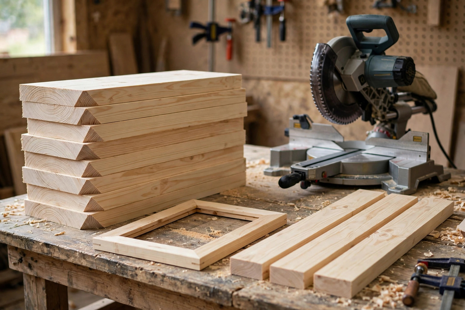 Neatly stacked freshly cut pine boards with clean angled miter cuts on a workbench beside a miter saw