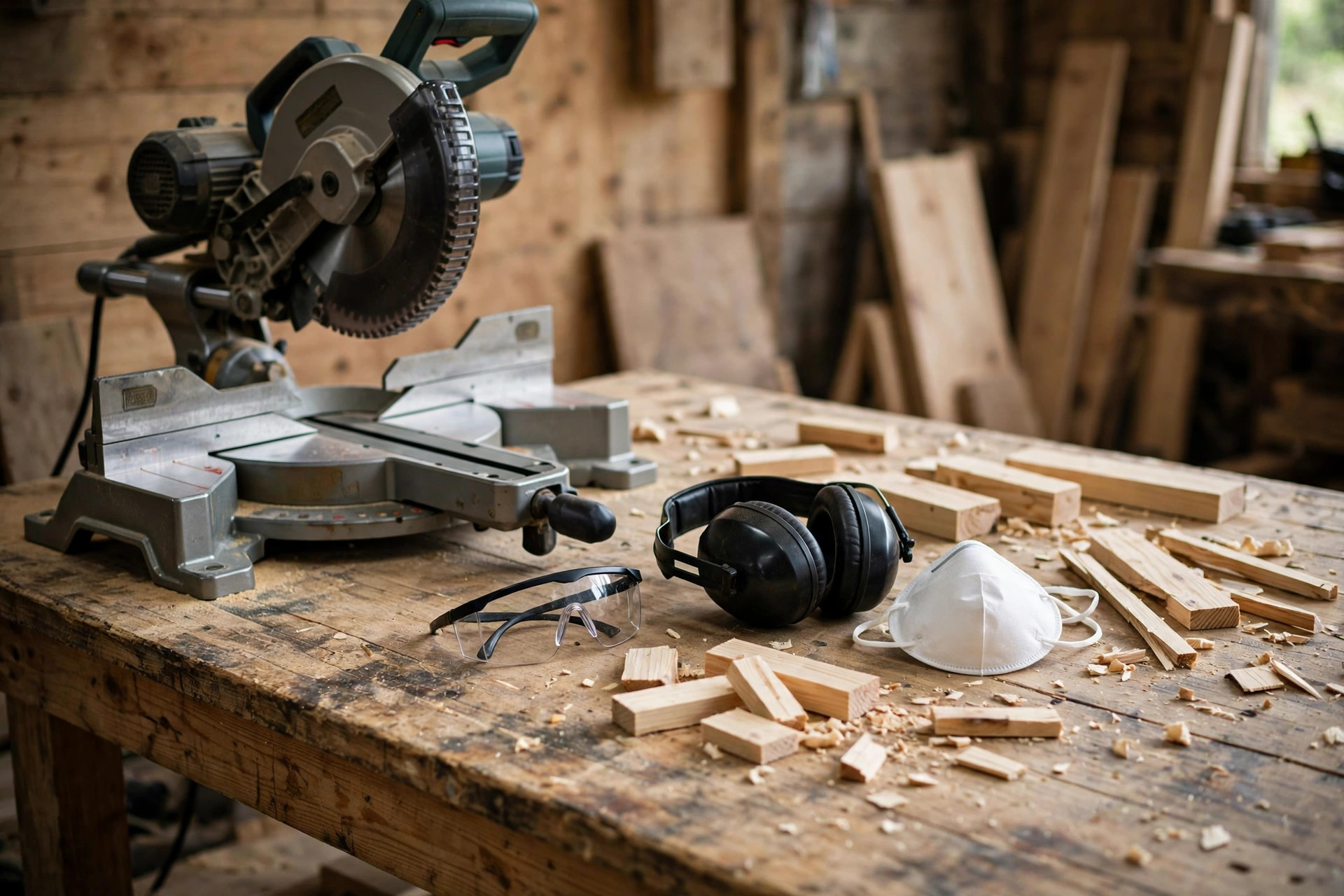 Safety gear for beginners using a miter saw, including safety glasses, ear protection and a dust mask laid out on a workbench