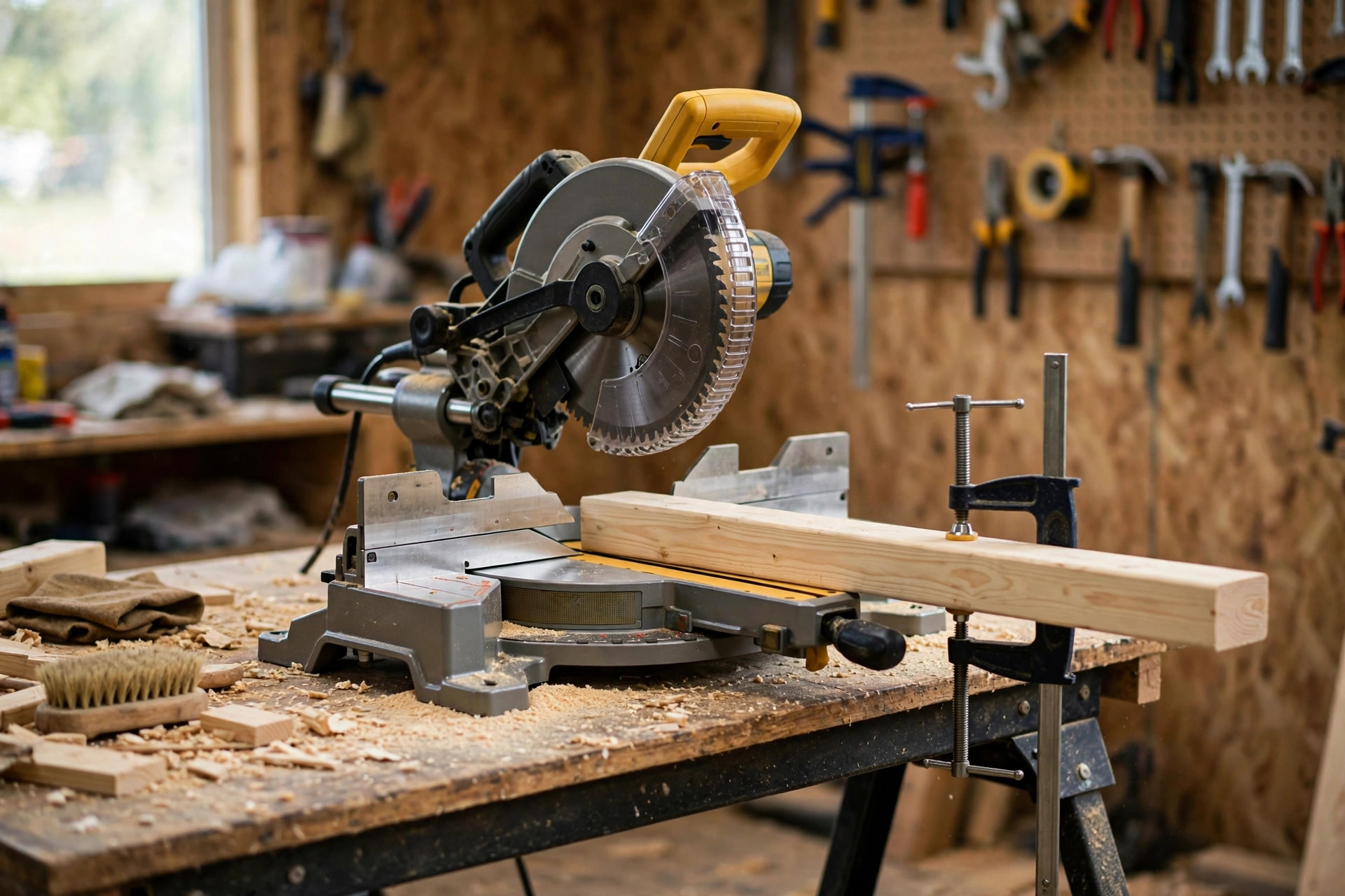 A miter saw set up on a stand with a pine board clamped in position ready for a first crosscut
