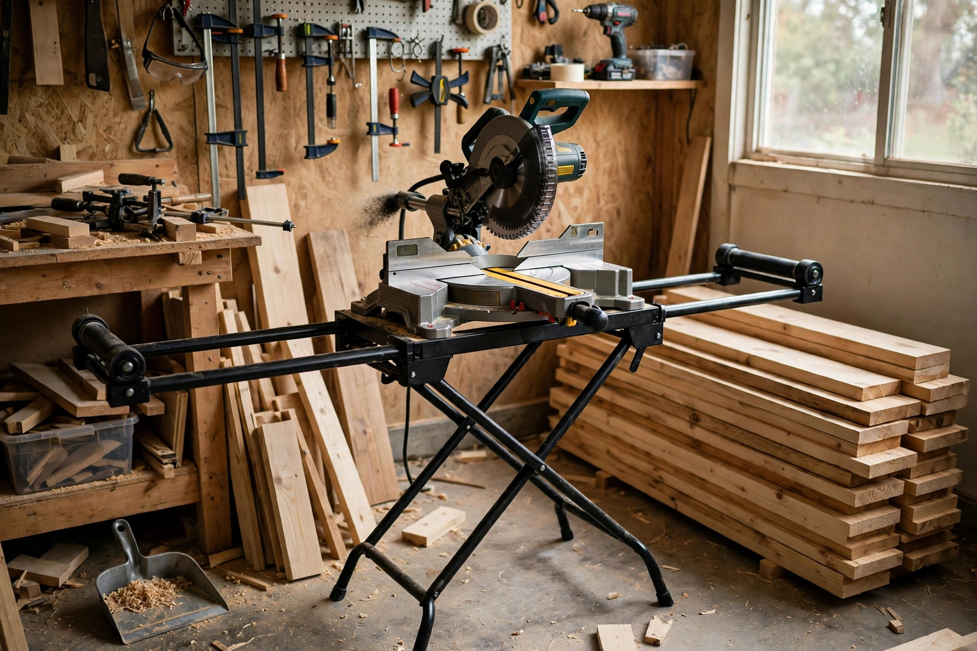 A compact miter saw mounted on a portable folding stand in a small home workshop with boards stacked nearby
