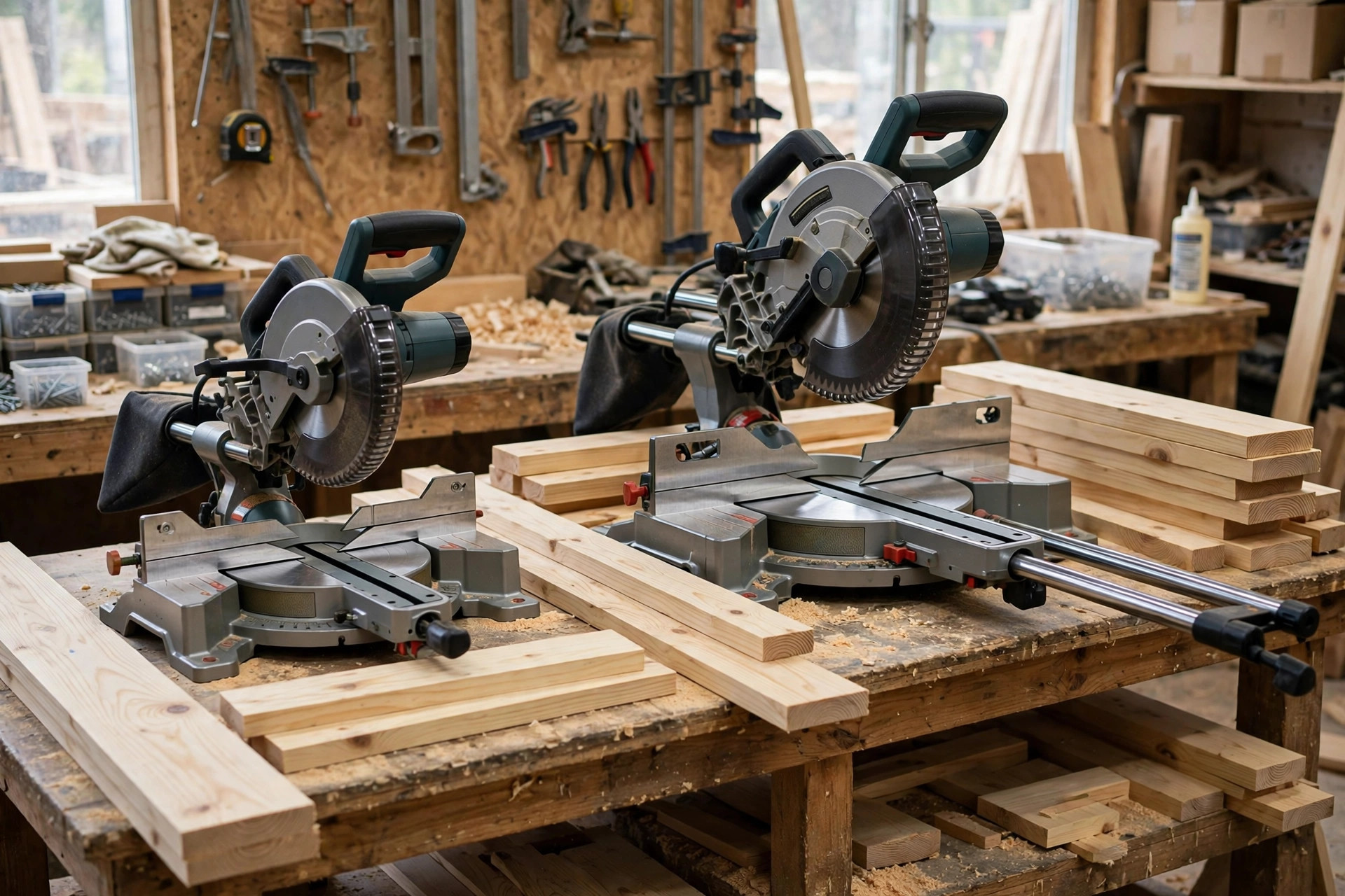 A compact single-bevel miter saw and a larger sliding compound miter saw side by side on workbenches
