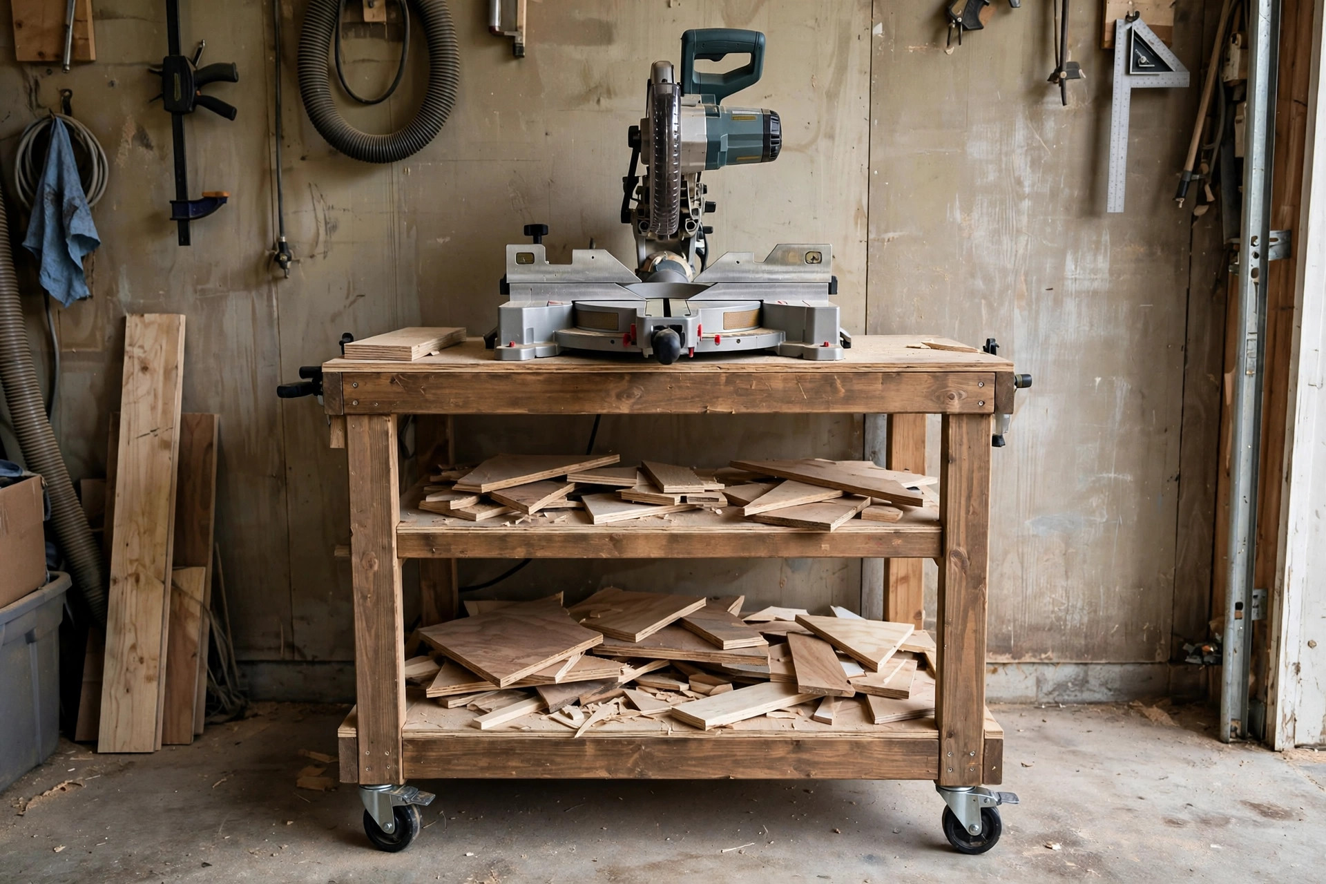 A miter saw mounted on a rolling mobile tool station with storage shelves underneath in a small garage workshop