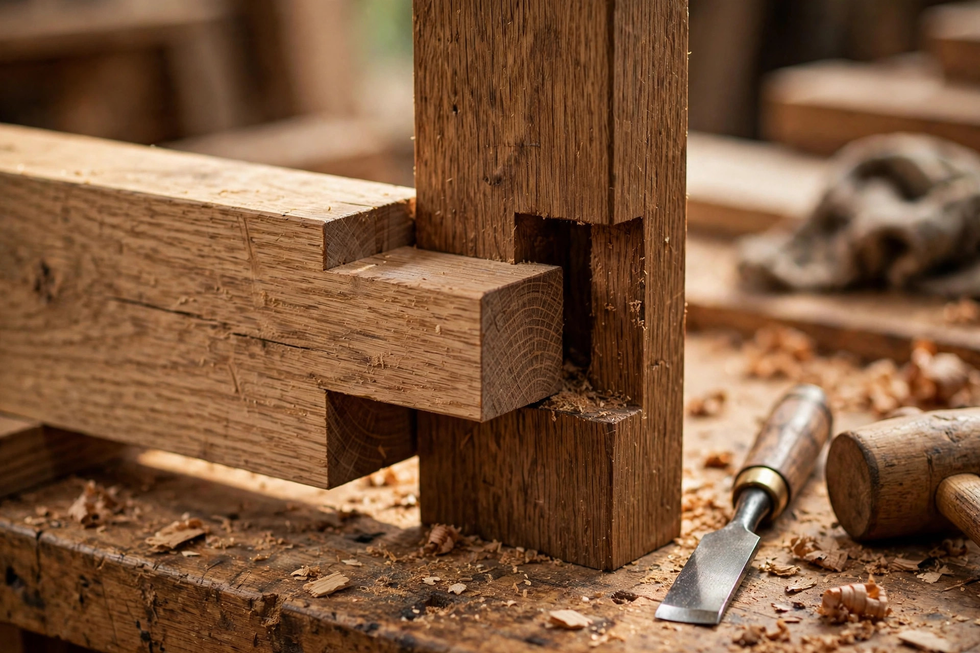Close-up of a mortise-and-tenon joint partially assembled, a classic woodworking joinery type for beginners to work toward